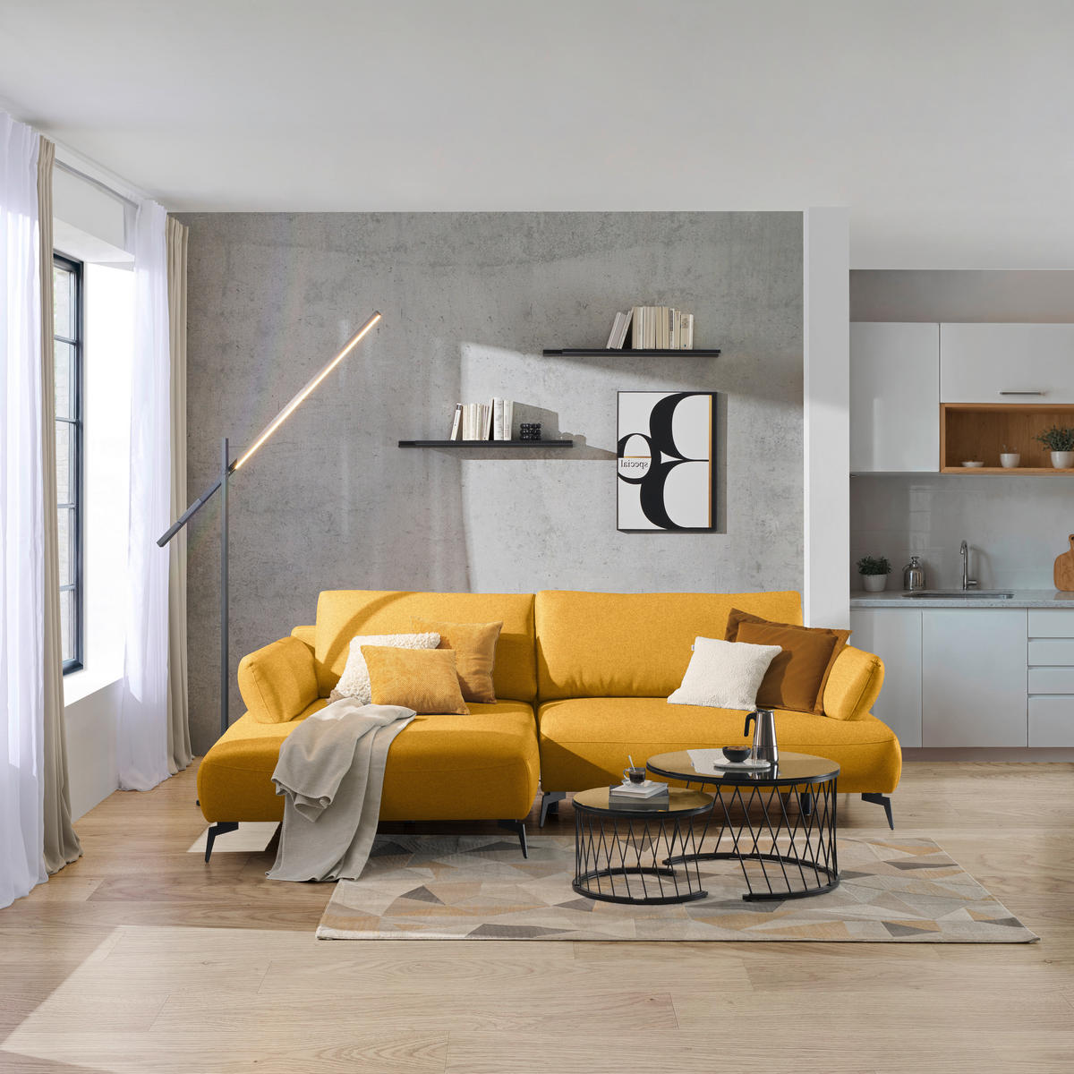 ECKSOFA COLORADO in Struktur Senfgelb  - Senfgelb/Schwarz, Design, Textil/Metall (186/284cm) - Lomoco