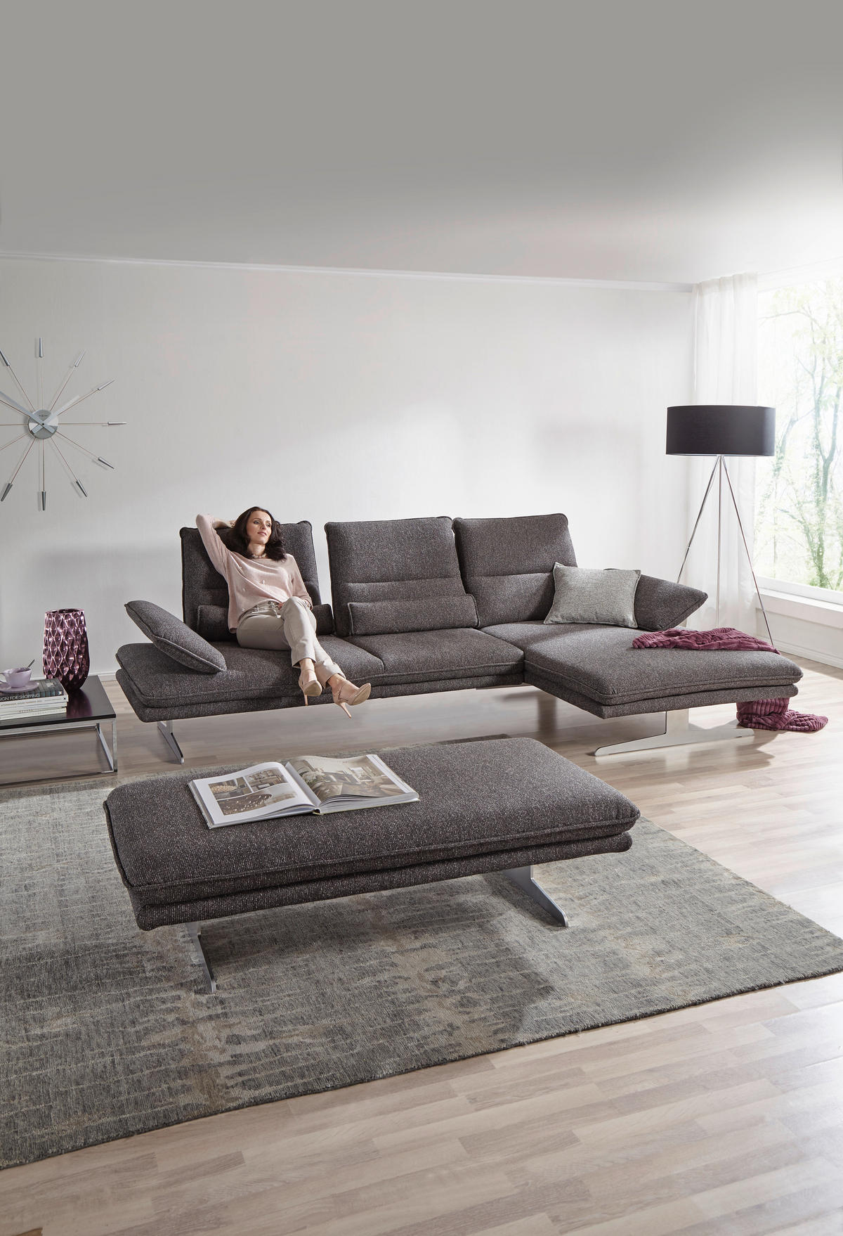 ECKSOFA Webstoff Anthrazit  - Chromfarben/Anthrazit, Design, Textil/Metall (291/164cm) - Chilliano