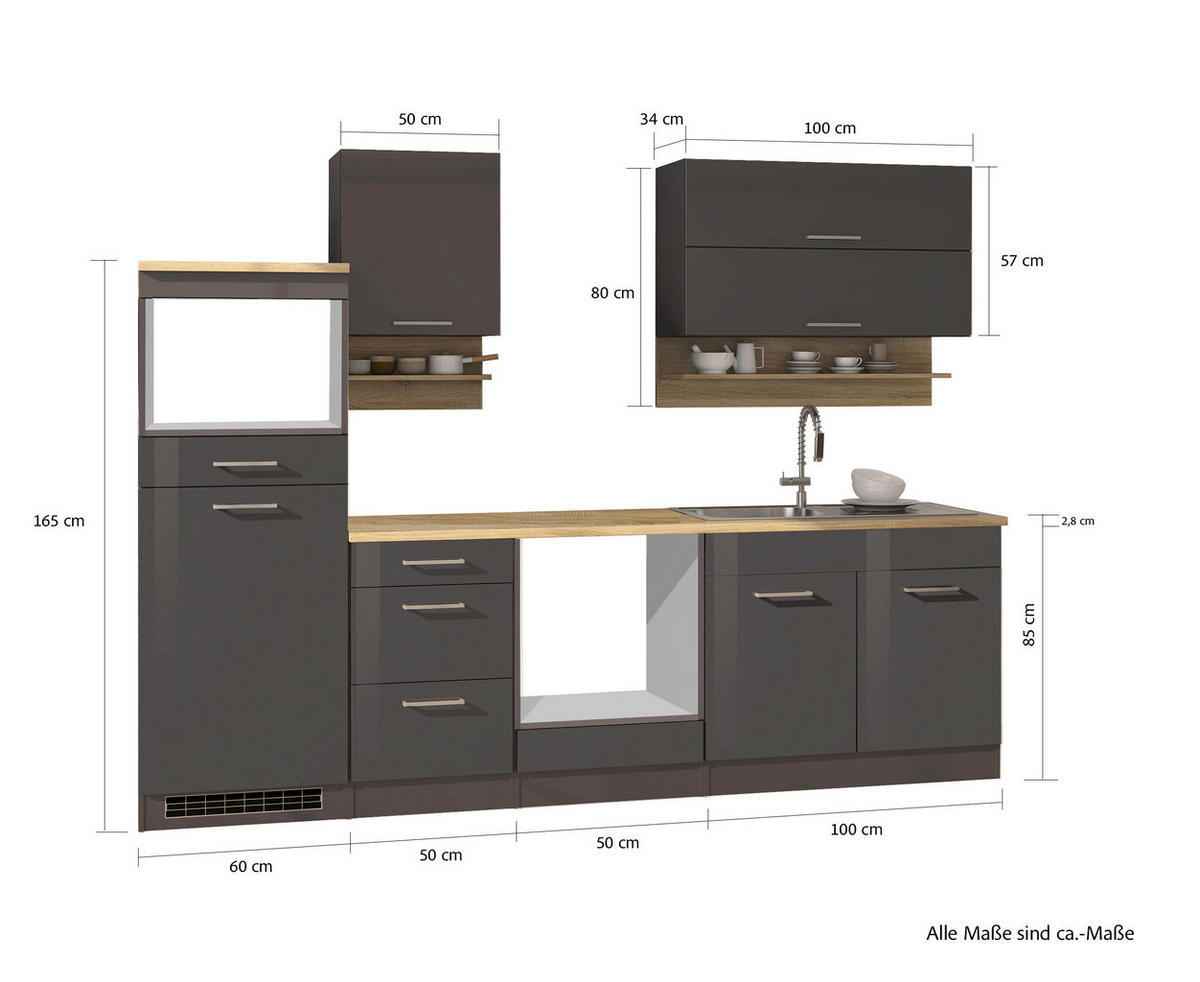 KÜCHENLEERBLOCK 270 cm   in Graphitfarben  - Silberfarben/Graphitfarben, MODERN, Glas/Holzwerkstoff (270cm) - Held