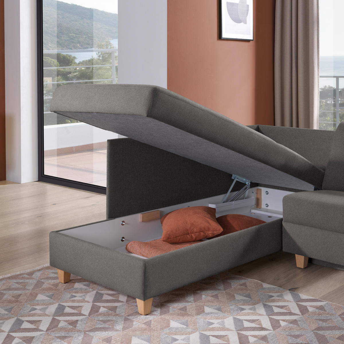 ECKSOFA in Flachgewebe Schlammfarben  203/261 cm  - Schlammfarben/Eichefarben, KONVENTIONELL, Holz/Textil (203/261cm) - Sedda