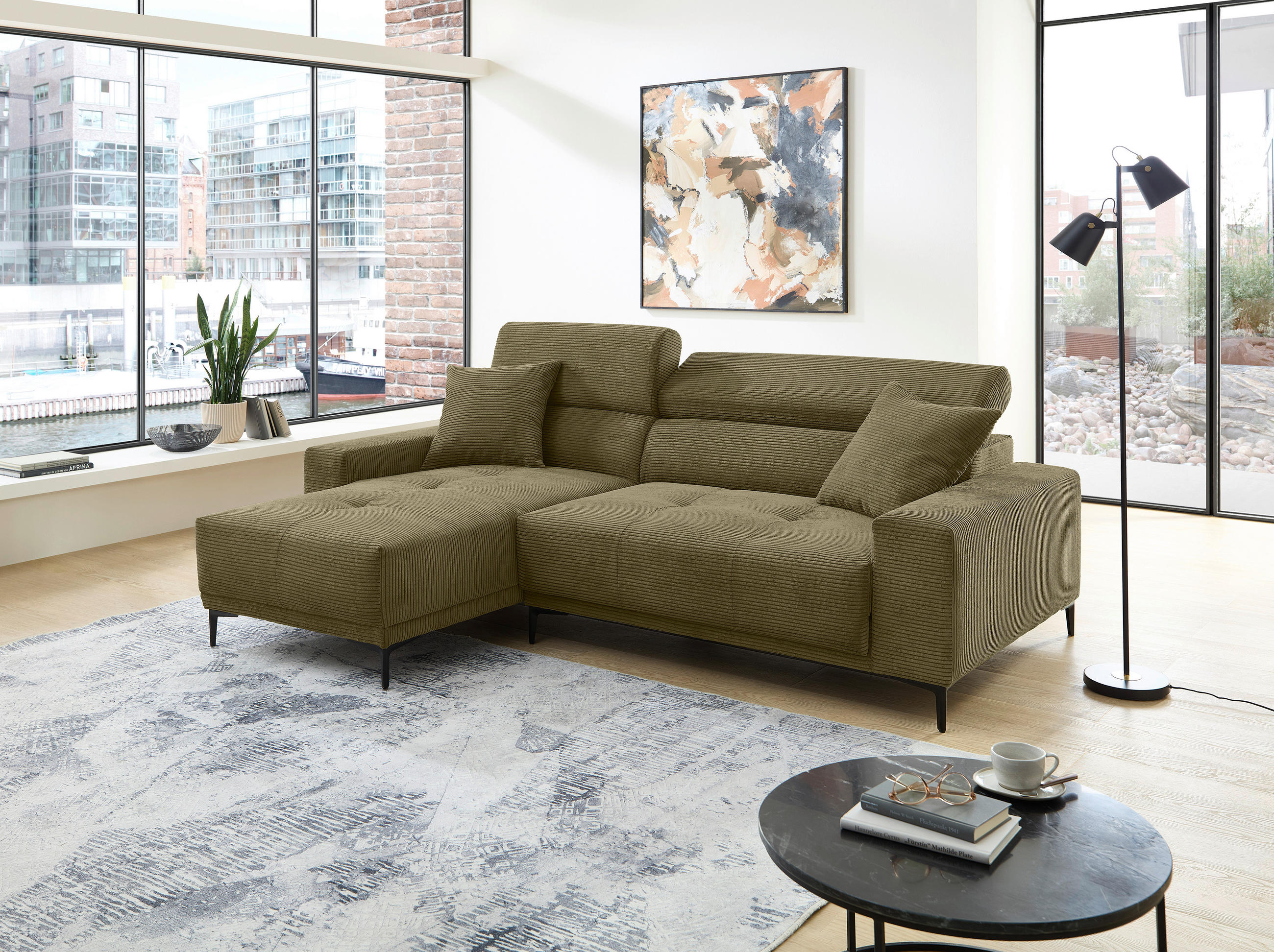 ECKSOFA Cord Olivgrün  - Schwarz/Olivgrün, Basics, Textil/Metall (183/250cm) - Livetastic