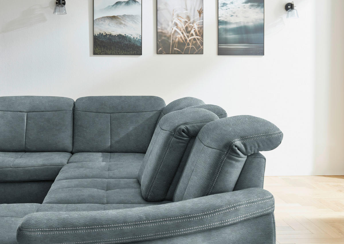 WOHNLANDSCHAFT Blau Mikrofaser  - Wildeiche/Blau, KONVENTIONELL, Holz/Textil (243/343/185cm) - Voleo