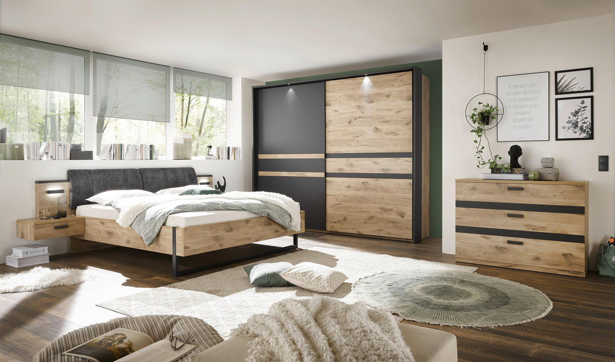 BETTANLAGE 180/200 cm  in Graphitfarben, Eichefarben  - Eichefarben/Graphitfarben, Design, Holzwerkstoff (180/200cm) - Xora