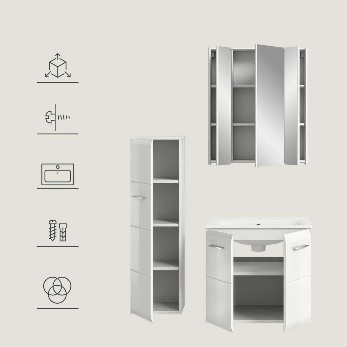 BADEZIMMER 4-teilig 90 cm  - Weiss Hochglanz/Weiss, Modern, Keramik/Holzwerkstoff (90cm) - MID.YOU