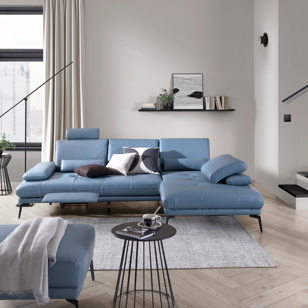 ECKSOFA in Echtleder Graublau  - Graublau/Schwarz, Design, Leder/Metall (187/273cm) - Celina Home