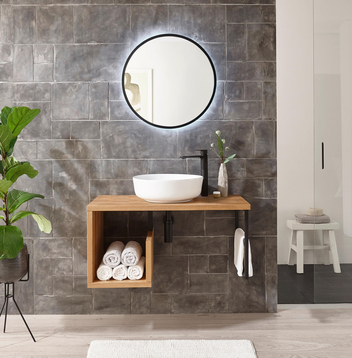 WASCHBECKENUNTERSCHRANK 90/45/47 cm  - Eichefarben/Schwarz, Natur, Holz/Metall (90/45/47cm) - Linea Natura