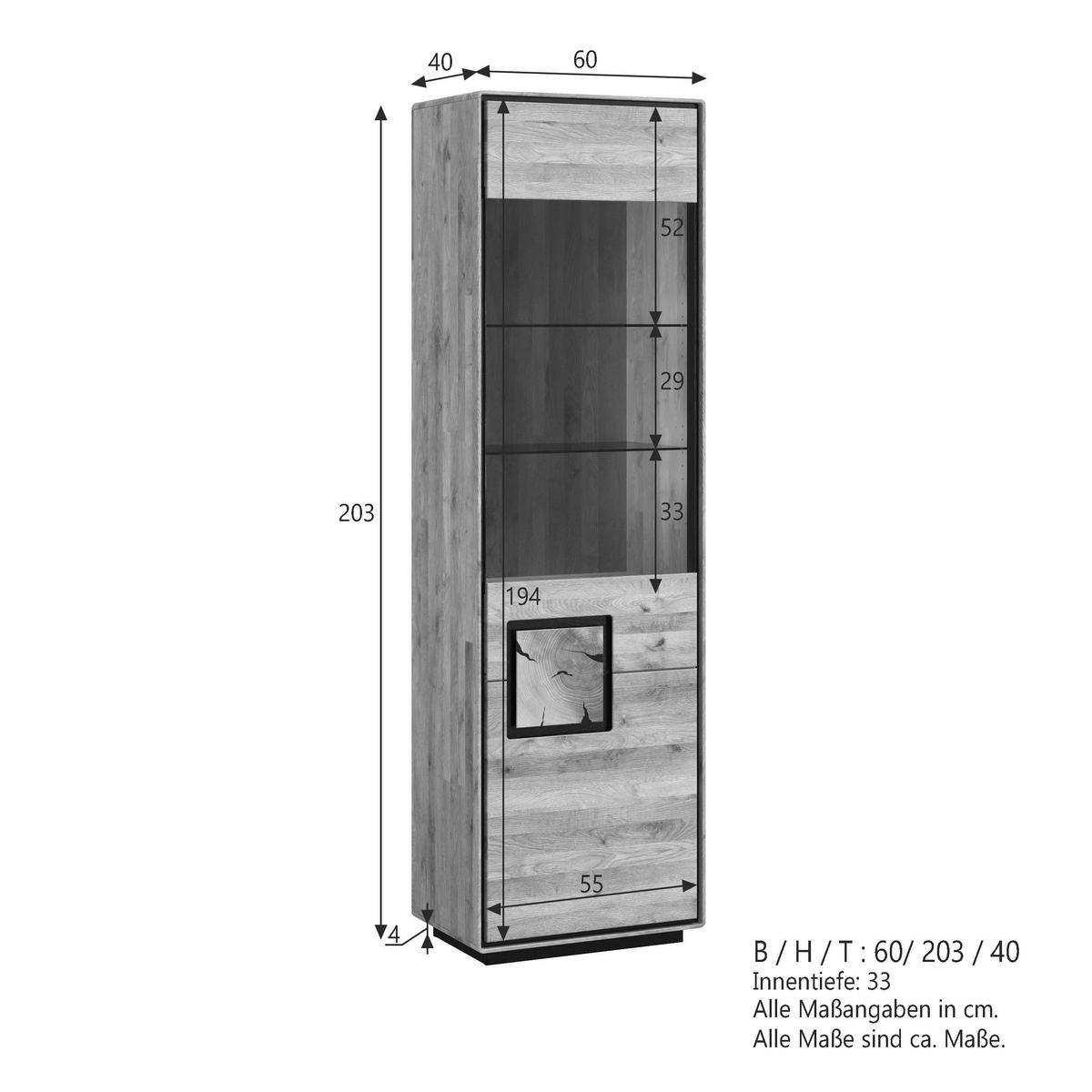 VITRINE  in massiv Wildeiche Schwarz, Wildeiche  - Wildeiche/Schwarz, Basics, Glas/Holz (60/203/40cm) - Livetastic