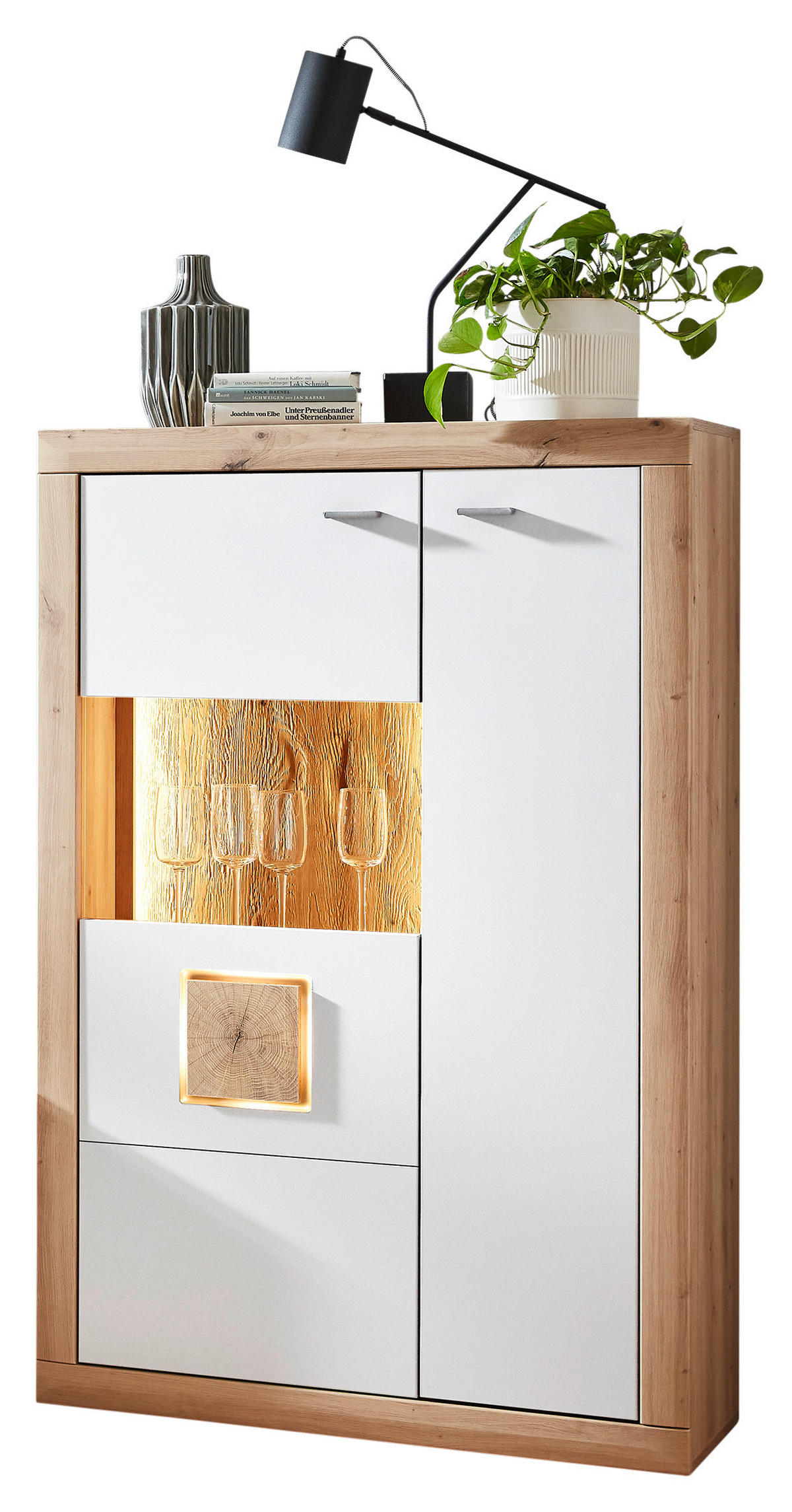 HIGHBOARD Weiss, Eiche Artisan  92,9/142,3/37,3 cm  - Weiss/Anthrazit, Konventionell, Glas/Holzwerkstoff (92,9/142,3/37,3cm) - Stylife