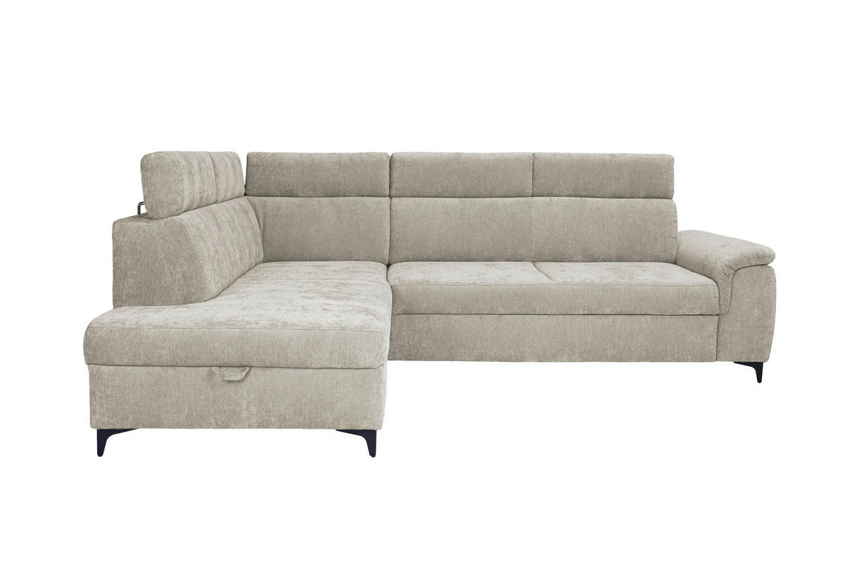 ECKSOFA Naturfarben Chenille Bettkasten, Schlaffunktion, Rücken echt, Kopfteilverstellung, Liegefläche im Originalstoff  - Schwarz/Naturfarben, KONVENTIONELL, Textil/Metall (206/265cm) - Carryhome