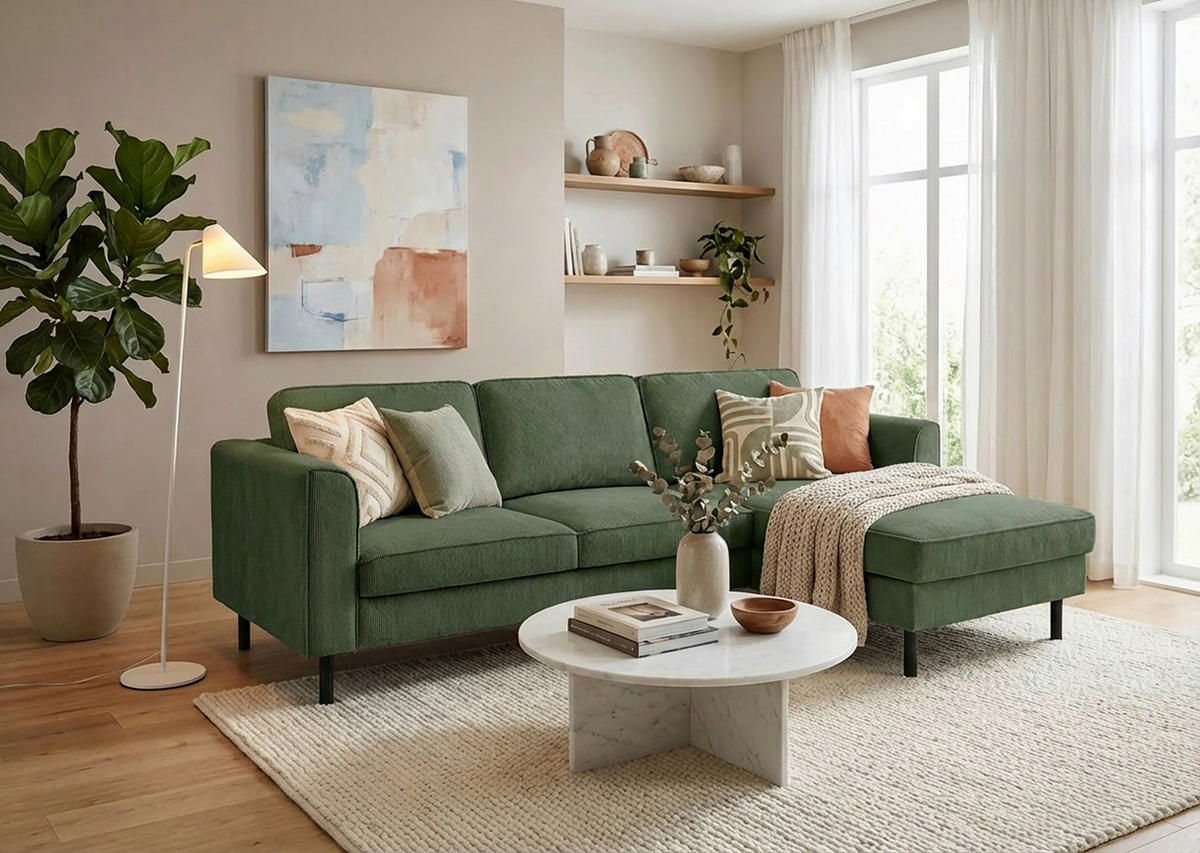 ECKSCHLAFSOFA  in Cord Grün Modern  - Schwarz/Grün, MODERN, Textil/Metall (232/161cm) - Trendmanufaktur