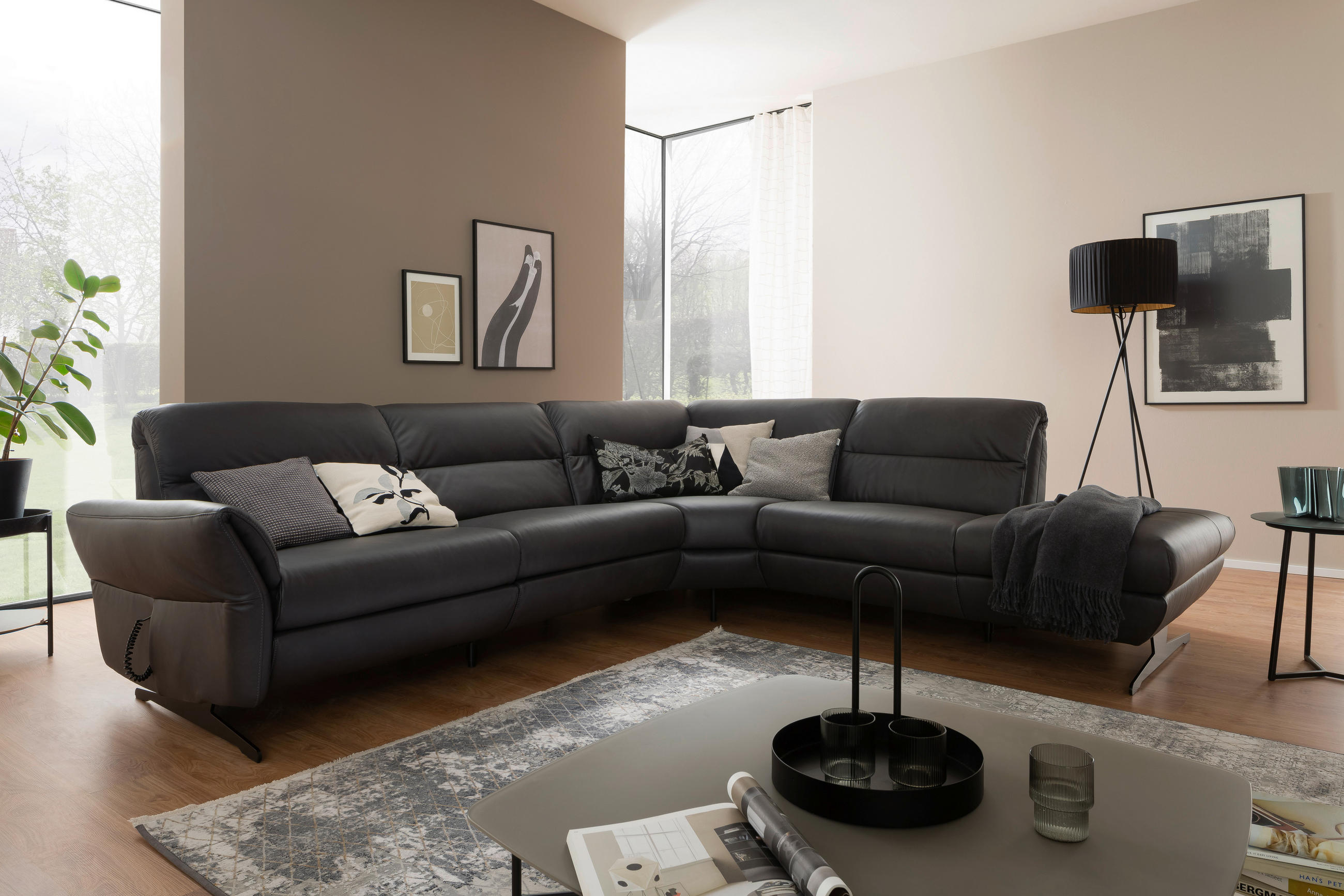 ECKSOFA Anthrazit Echtleder - Anthrazit/Schwarz, Design, Leder/Metall (286/258cm) - Schöner Wohnen