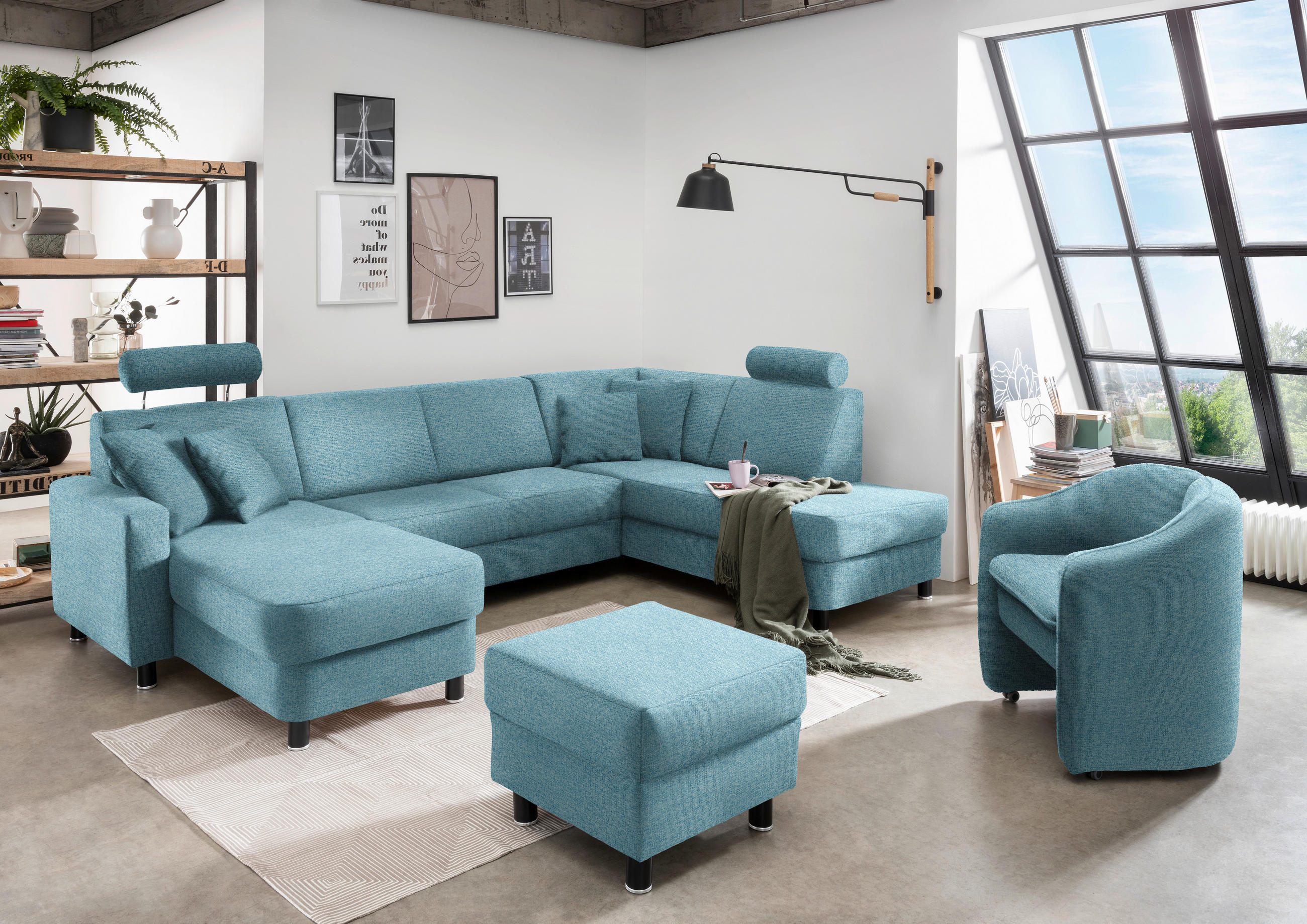 WOHNLANDSCHAFT in Webstoff Hellblau  - Schwarz/Hellblau, Design, Holz/Textil (165/296/198cm) - Xora
