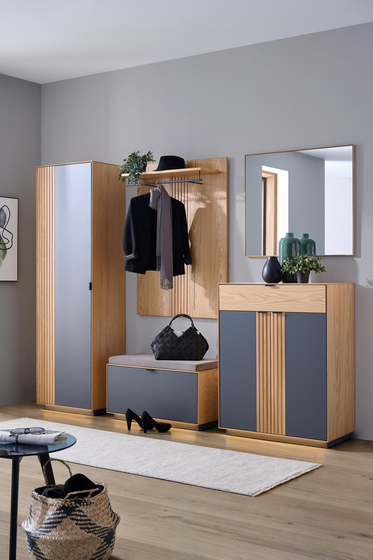 GARDEROBE 6-teilig  in 250/200/42 cm  - Eichefarben/Grau, Natur, Holz/Holzwerkstoff (250/200/42cm) - Linea Natura