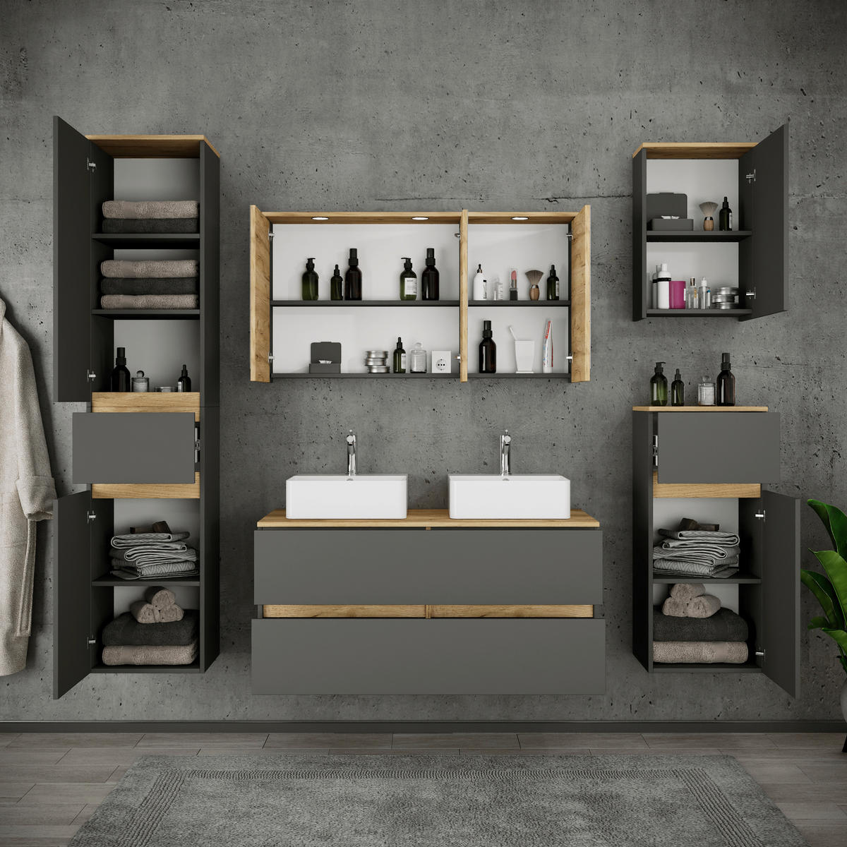 BADEZIMMER 7-teilig 191 cm  - Honigeiche/Weiss, Trend, Keramik/Holzwerkstoff (191cm) - MID.YOU