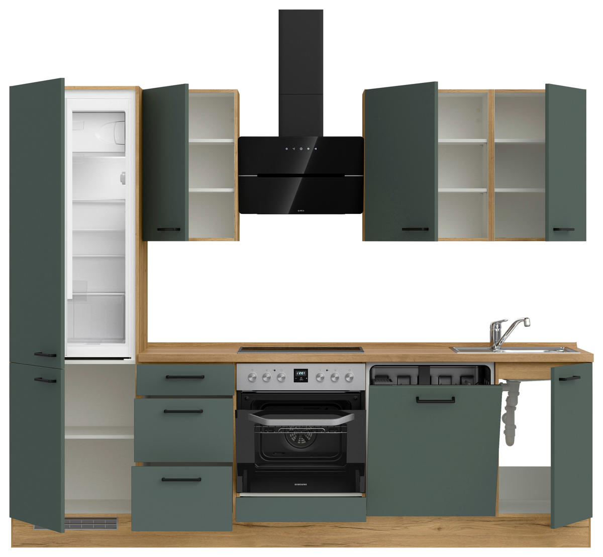 KÜCHENBLOCK Easytouch 270 cm  in Eichefarben, Dunkelgrün  - Dunkelgrün/Eichefarben, MODERN, Holzwerkstoff/Metall (270cm) - Nobilia