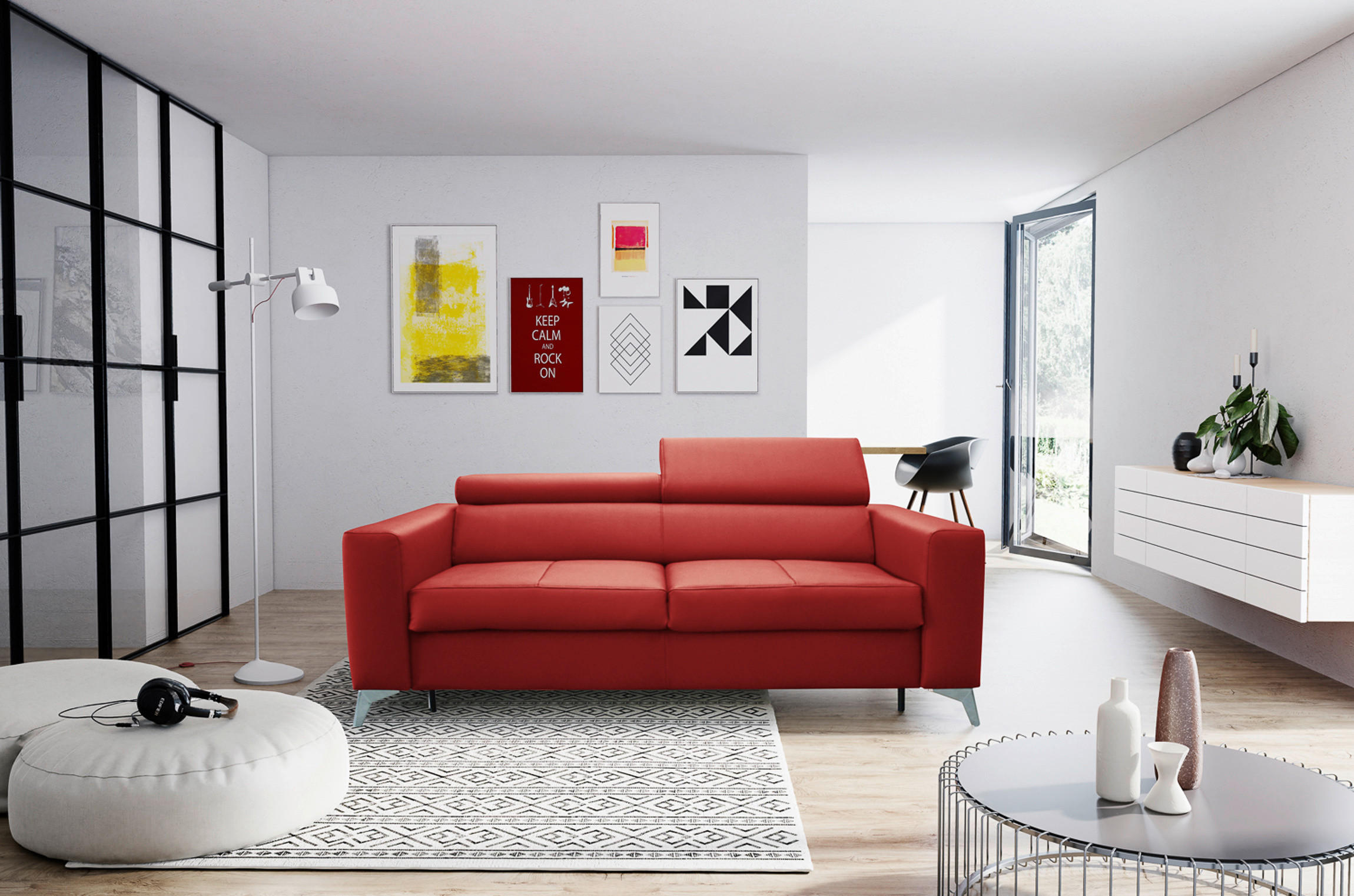 SCHLAFSOFA Rot Echtleder Lederlook - Silberfarben/Rot, Design, Leder/Textil (206/95/101cm) - Livetastic