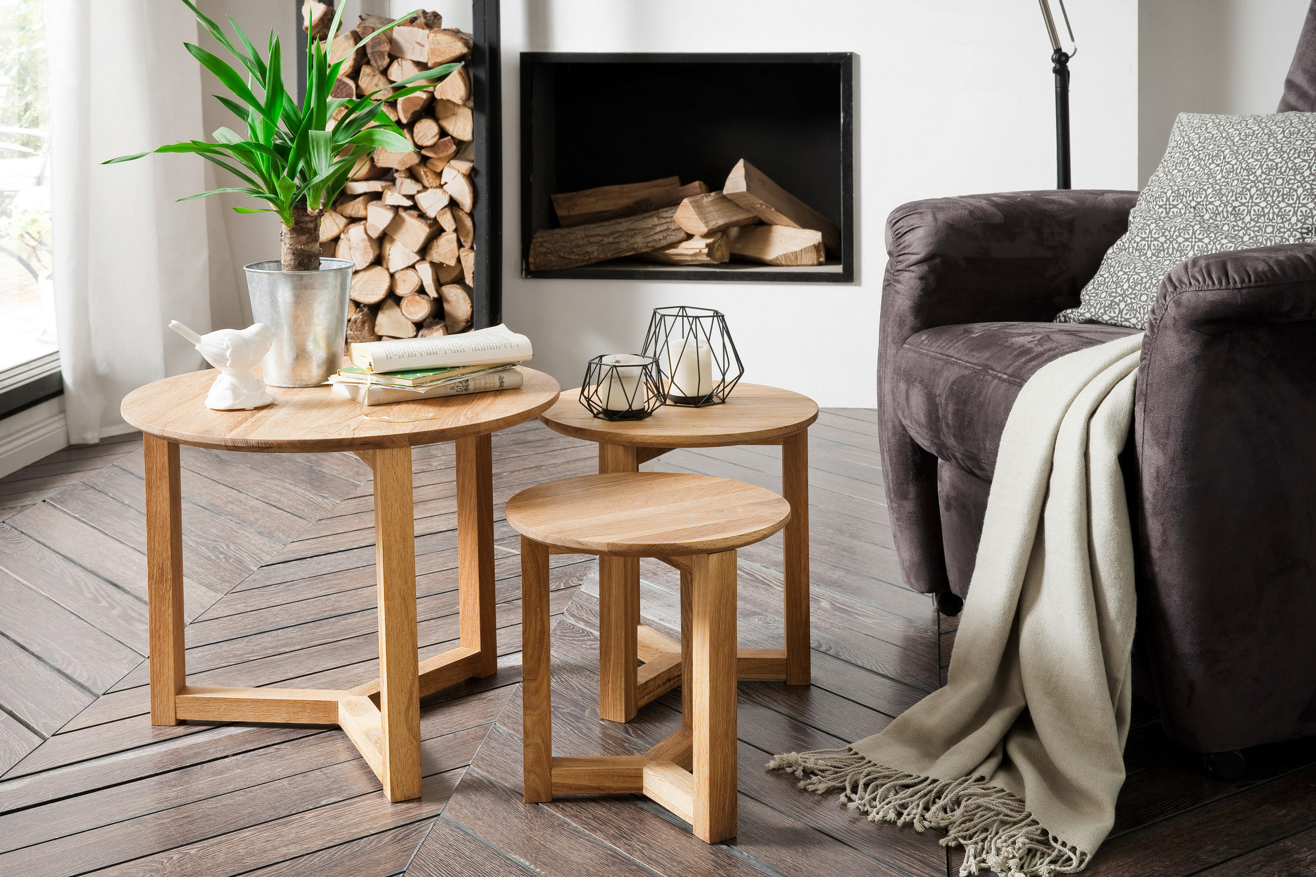 COUCHTISCHSET Asteiche massiv rund Naturfarben, Eichefarben  - Eichefarben/Naturfarben, MODERN, Holz (30-50/30-50/32-42cm) - Xora