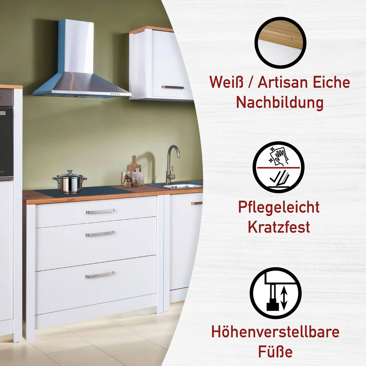 KÜCHENLEERBLOCK   in Weiß, Eiche Artisan  - Silberfarben/Weiß, MODERN, Glas/Holzwerkstoff (430/227/60cm) - home24