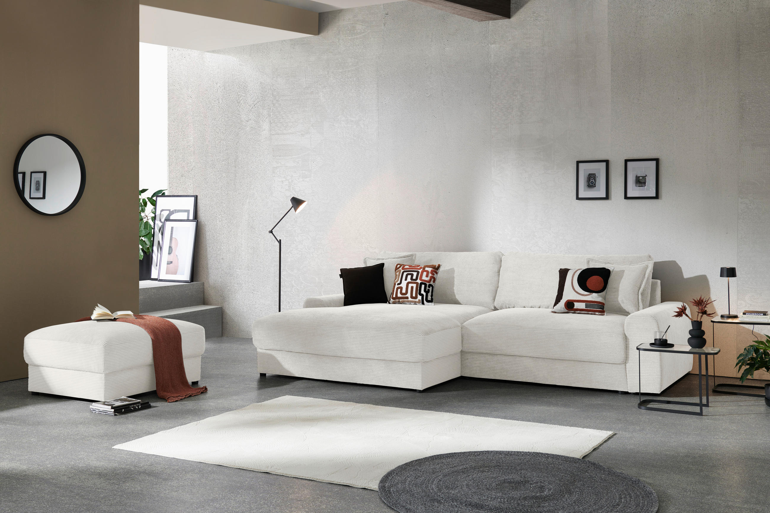 ECKSOFA in Cord Creme  - Creme/Schwarz, Modern, Kunststoff/Textil (180/300cm) - Carryhome