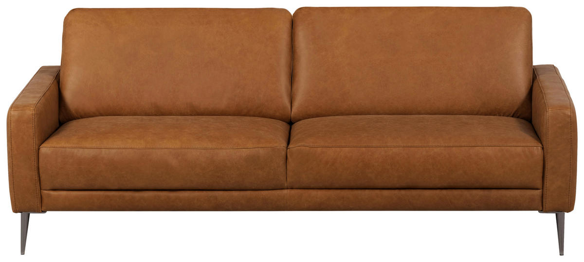 3-SITZER-SOFA SPRING Echtleder Cognac  - Cognac/Schwarzchrom, Design, Leder/Metall (187/85/92cm) - Livetastic