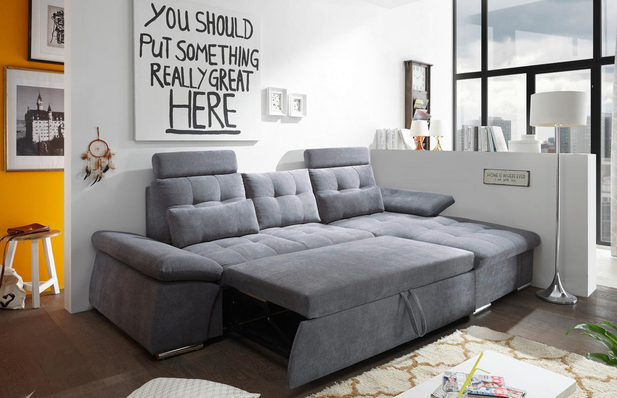 ECKSOFA Dunkelgrau Mikrovelours  - Dunkelgrau/Silberfarben, KONVENTIONELL, Kunststoff/Textil (268/170cm) - MID.YOU