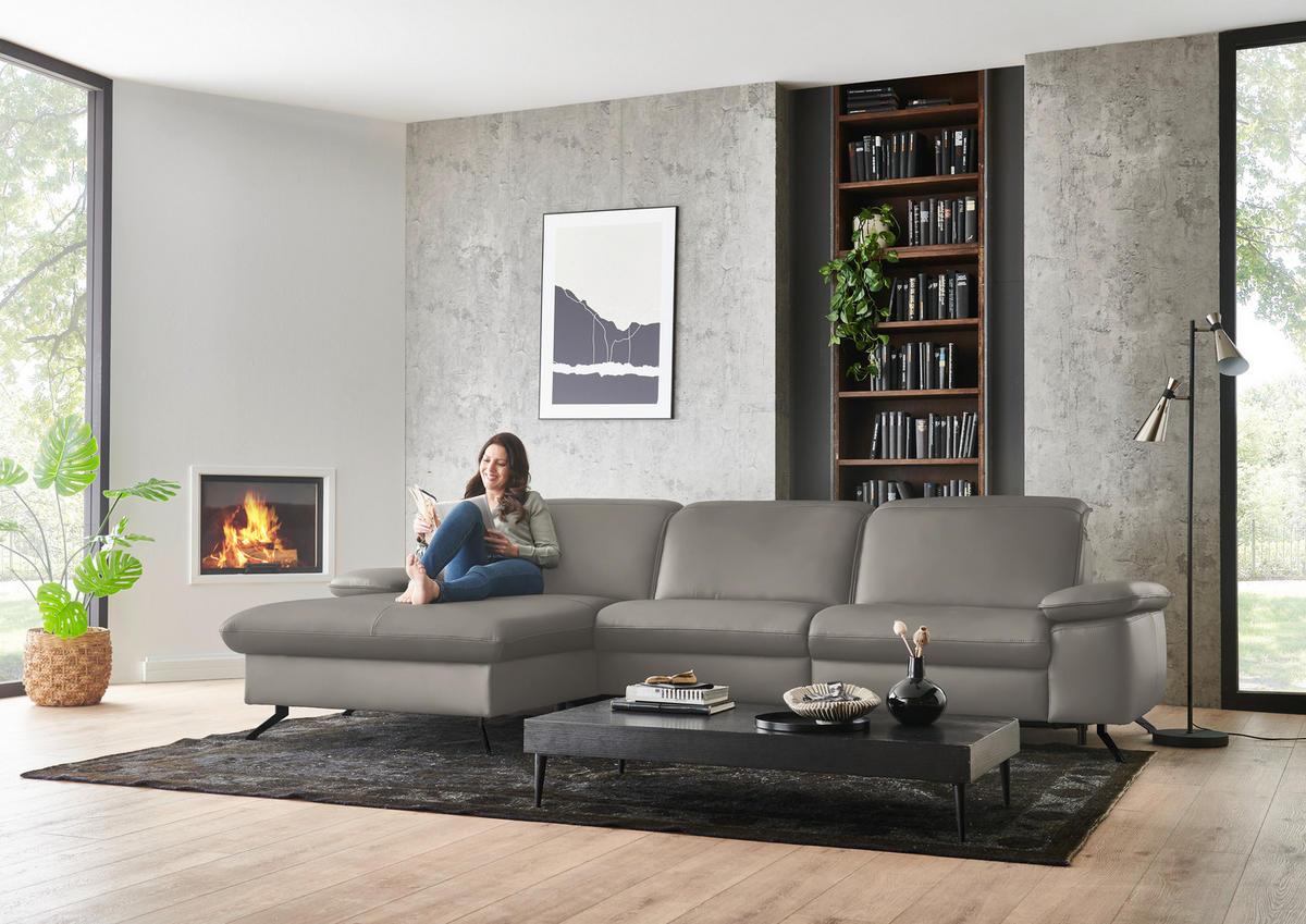 ECKSOFA  Echtleder Grau  - Schwarz/Grau, Design, Leder/Metall (169/307cm) - Beldomo Premium