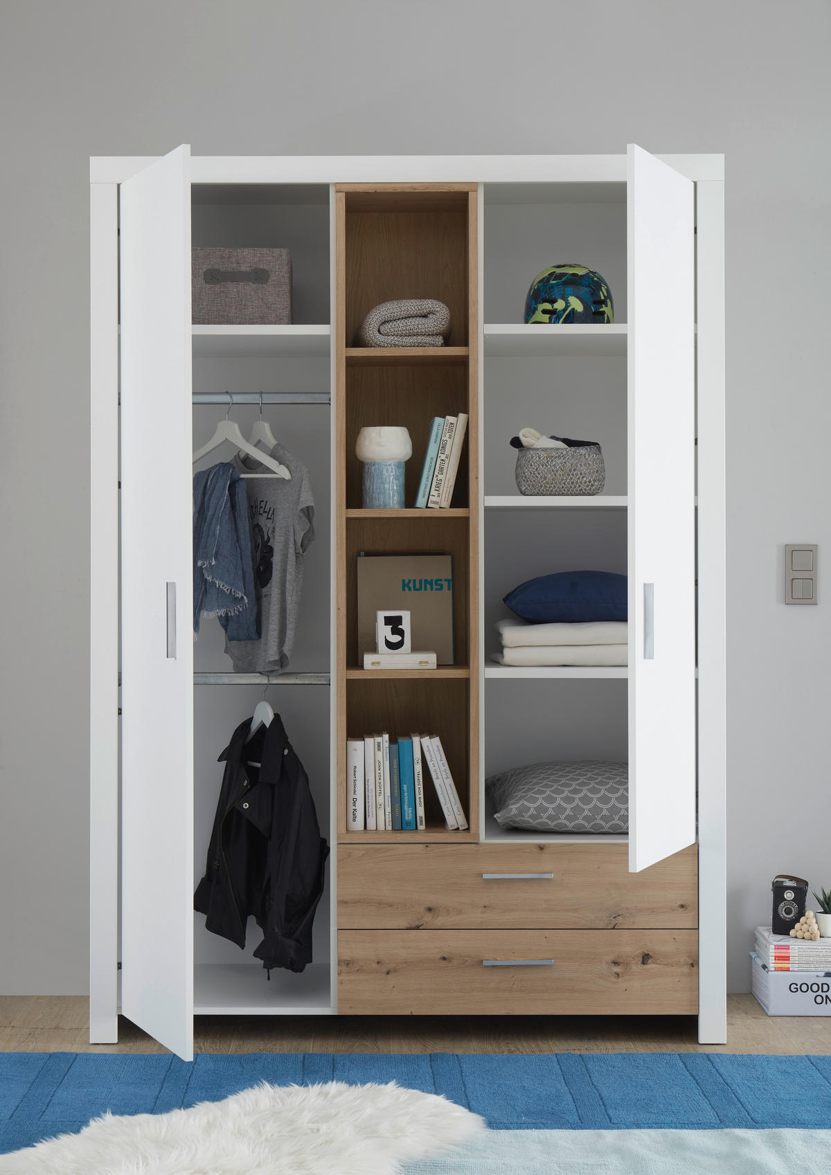 SKRIŇA S OTOČNÝMI DVERAMI, biela, dub artisan, 143/200/55 cm - biela/strieborná, Design, kov/kompozitné drevo (143/200/55cm) - Xora