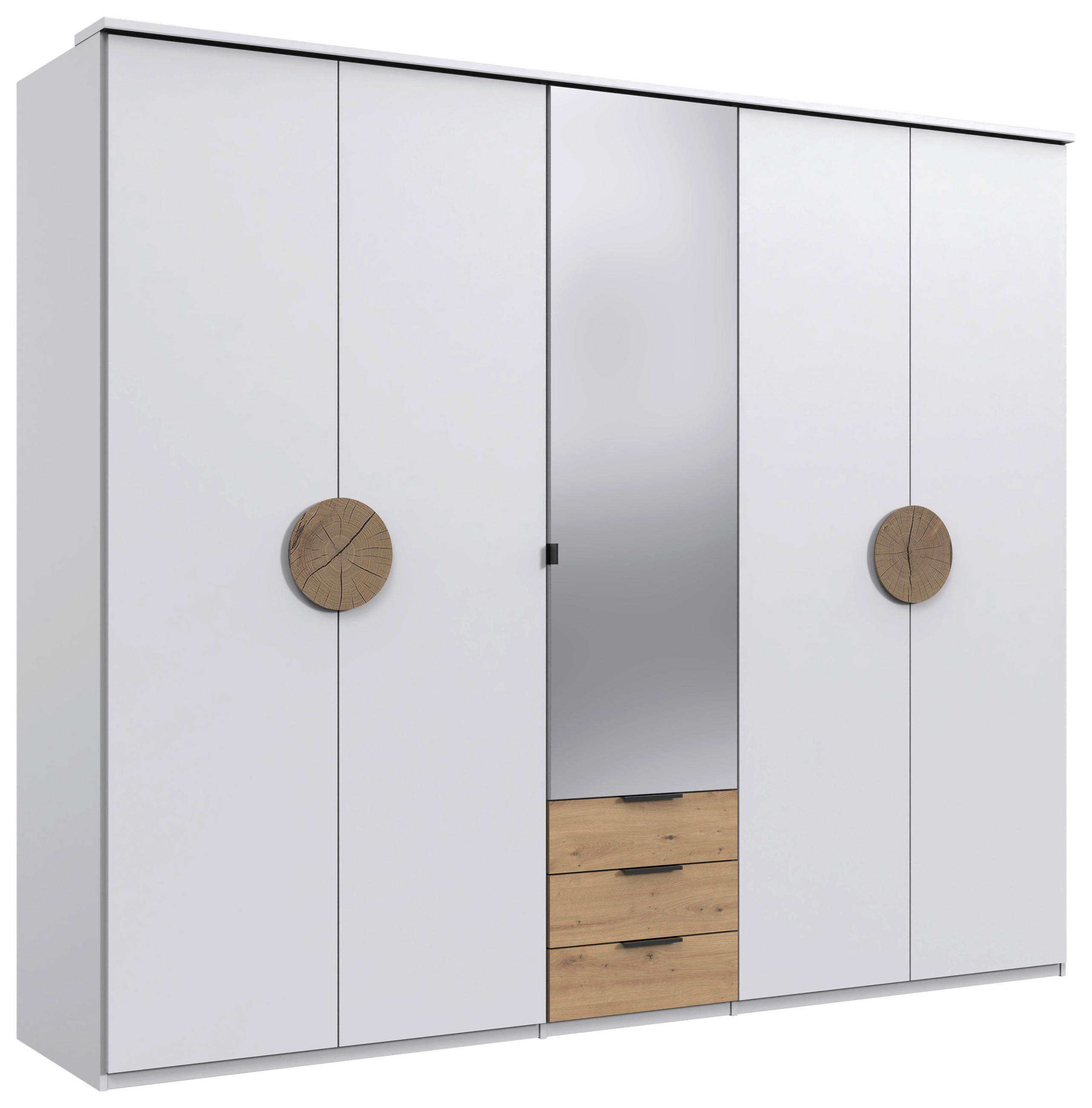 KLEIDERSCHRANK 225/210/58 cm 5-türig Weiß, Eichefarben  - Eichefarben/Schwarz, Design, Glas/Holzwerkstoff (225/210/58cm) - MID.YOU