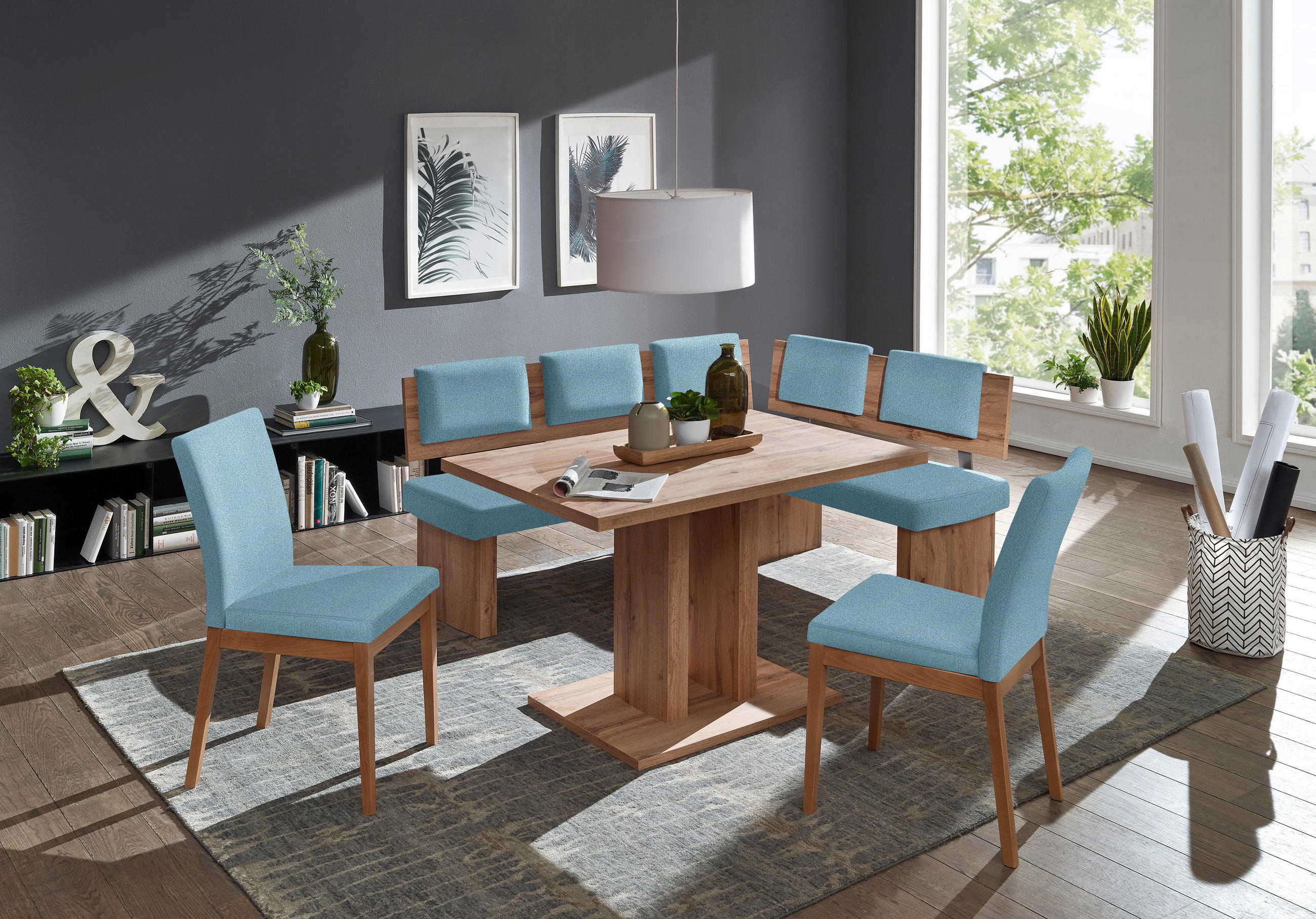ECKBANKGRUPPE in Textil, Holzwerkstoff Eichefarben, Hellblau - Eichefarben/Hellblau, Konventionell, Holzwerkstoff/Textil - Cantus