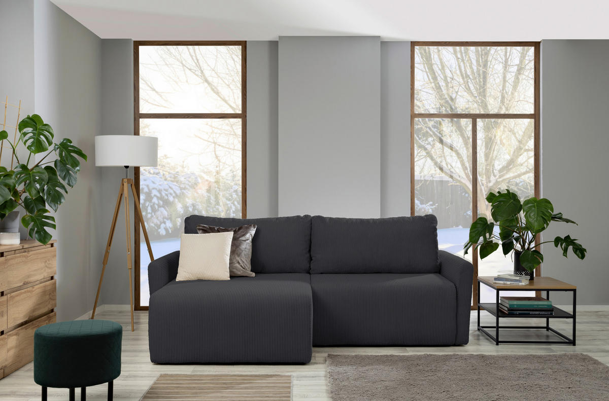 ECKSOFA in Cord Anthrazit  - Anthrazit/Schwarz, Konventionell, Kunststoff/Textil (228/146cm) - MID.YOU