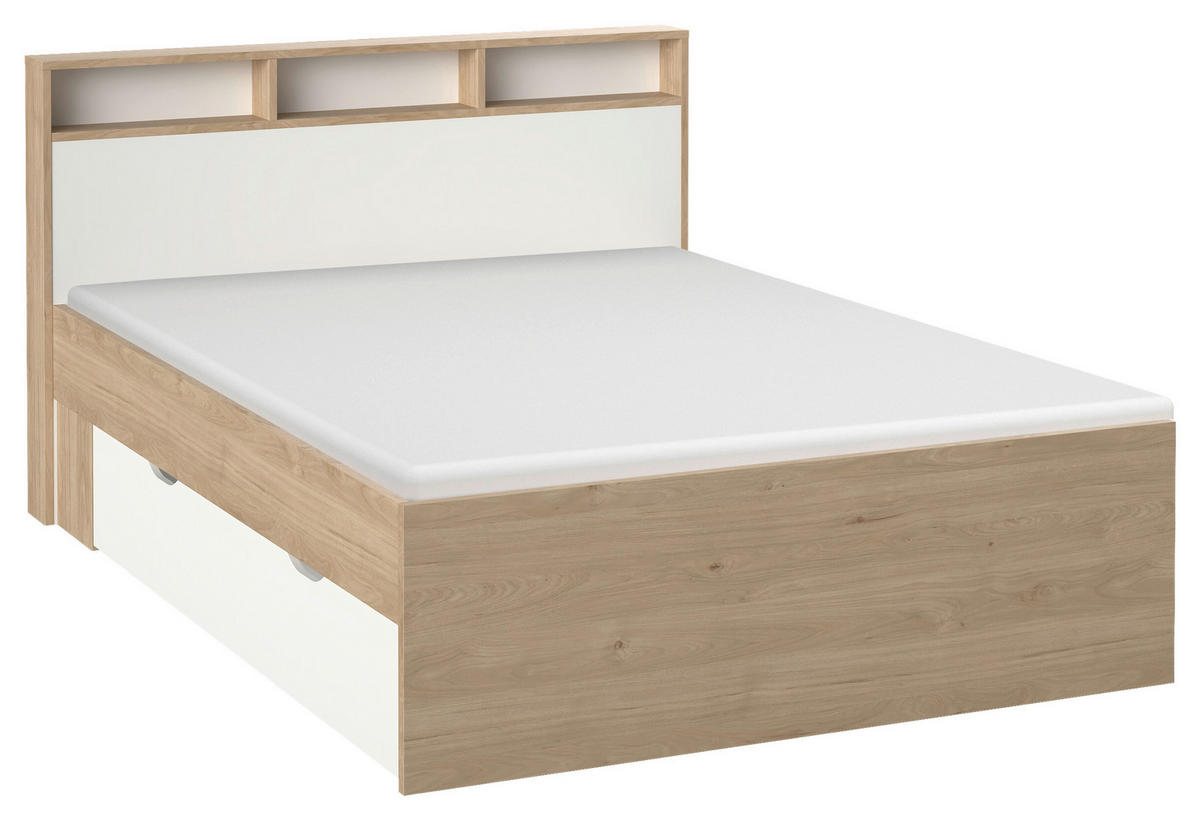 PAT CU SPAȚIU DE DEPOZITARE 140/200 cm  in alb, culoare lemn stejar   - alb/culoare lemn stejar, Modern, material pe bază de lemn (140/200cm) - MID.YOU
