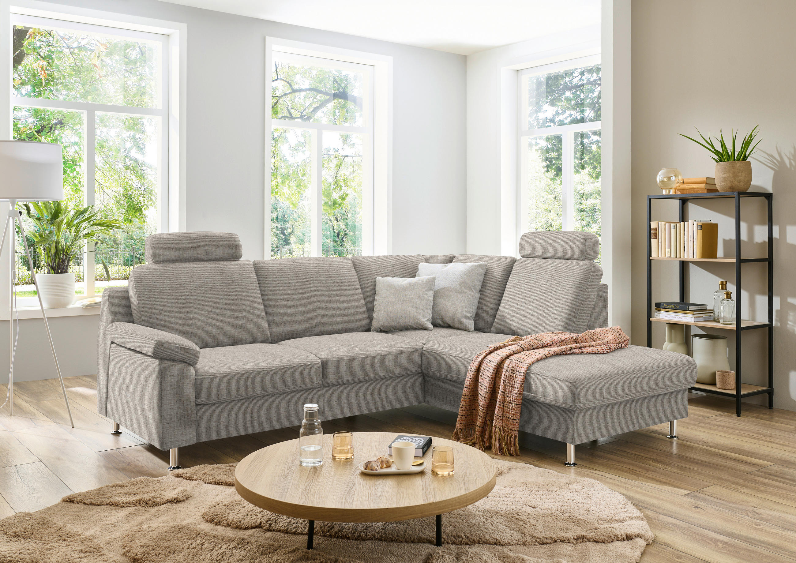 ECKSOFA in Webstoff Beige  - Beige/Alufarben, Konventionell, Textil/Metall (241/200cm) - Beldomo System
