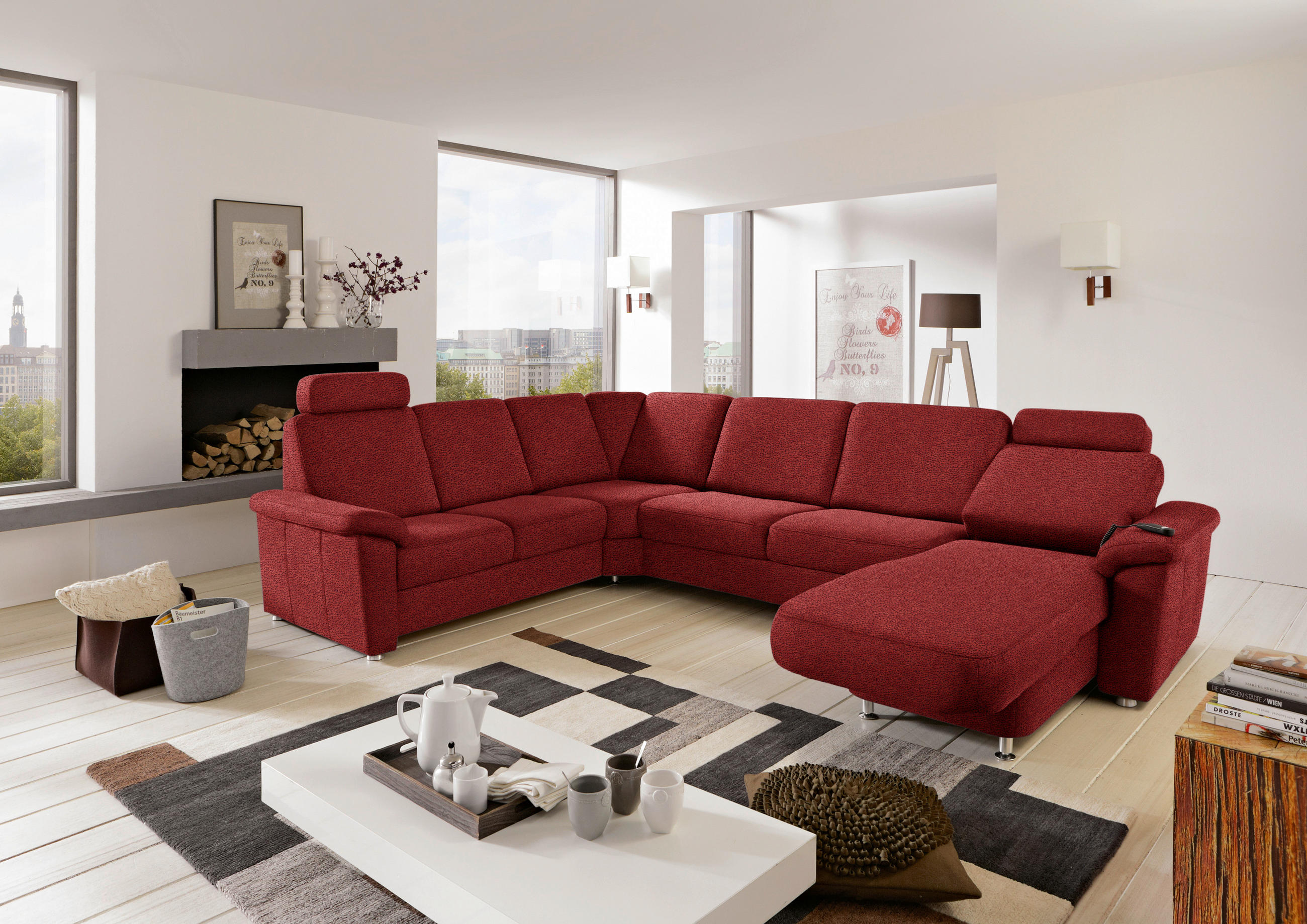 WOHNLANDSCHAFT in Flachgewebe Rot  - Chromfarben/Rot, Konventionell, Textil/Metall (240/330/163cm) - Beldomo System