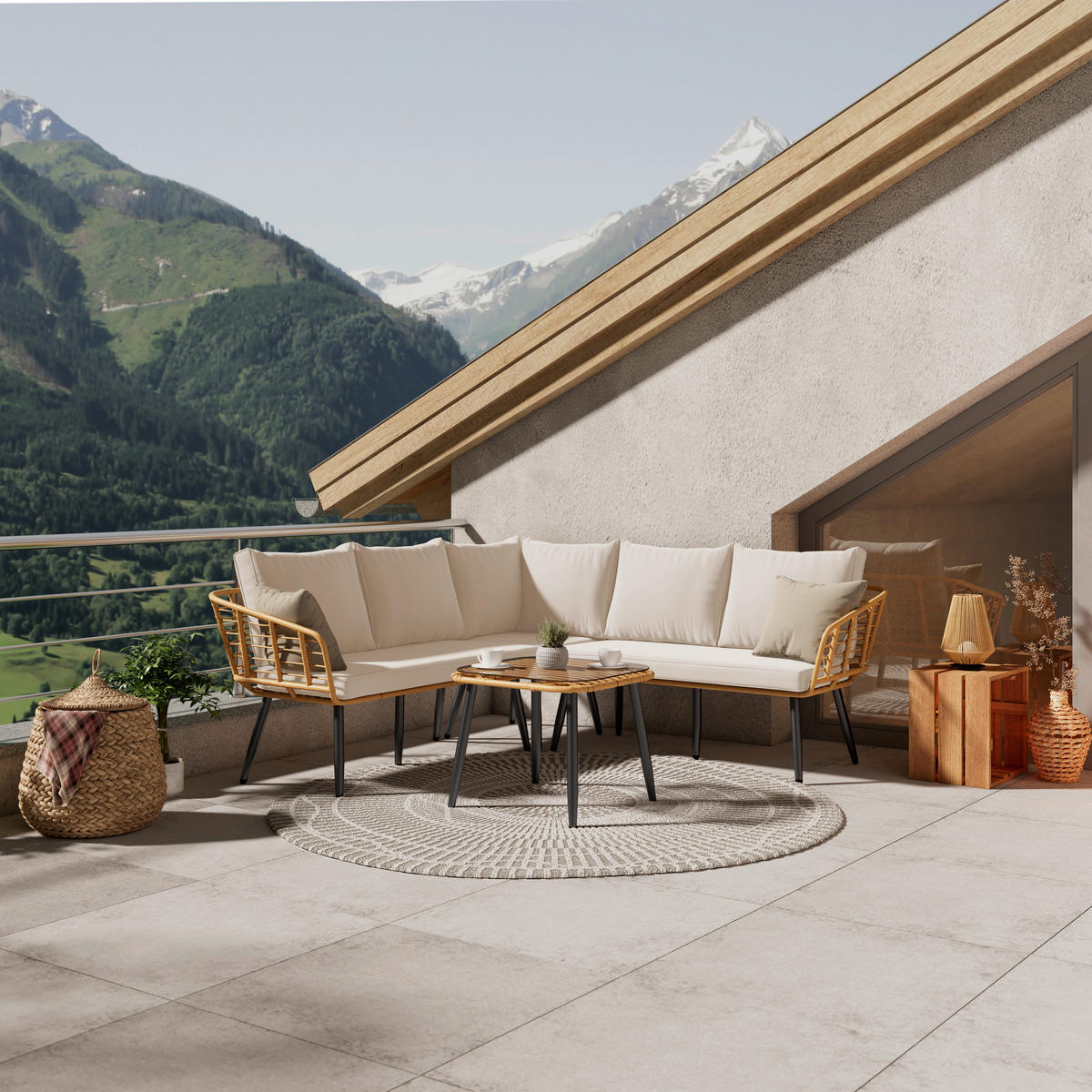 LOUNGEGARNITUR 4-teilig   187/67/187 cm Eisen  - Beige/Naturfarben, MODERN, Glas/Kunststoff (187/67/187cm) - Ambia Garden