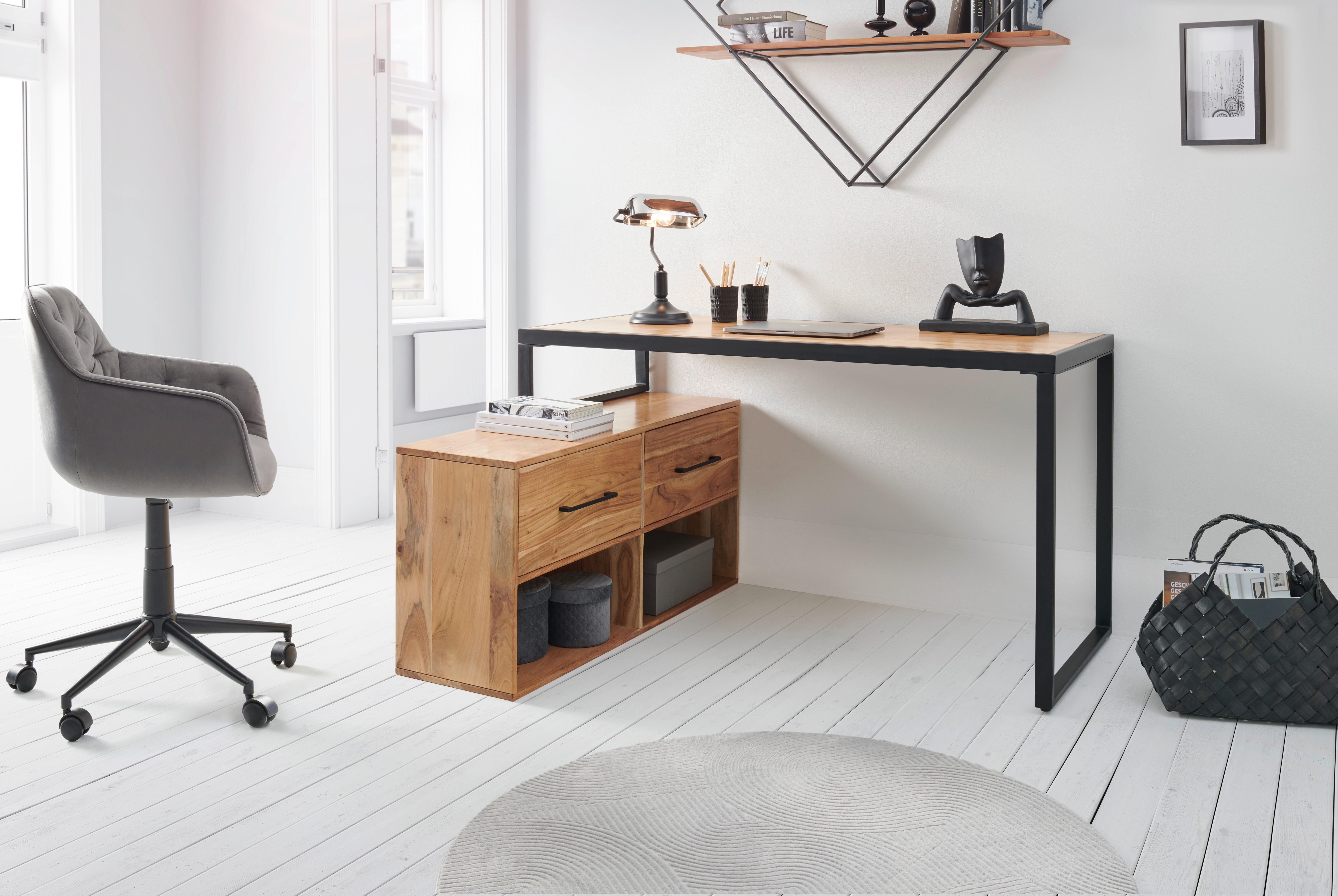 COMBINAțIE MASĂ DE SCRIS in lemn, metal  - negru/culoare lemn acacia, Modern, lemn/metal (145/115/76cm) - Livetastic