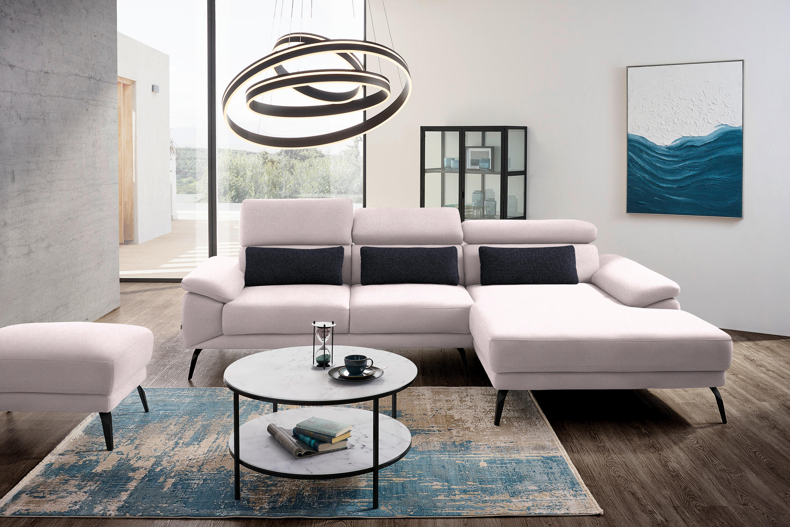 ECKSOFA in Velours Hellrosa  - Hellrosa/Schwarz, Design, Textil/Metall (295/187cm) - Novel