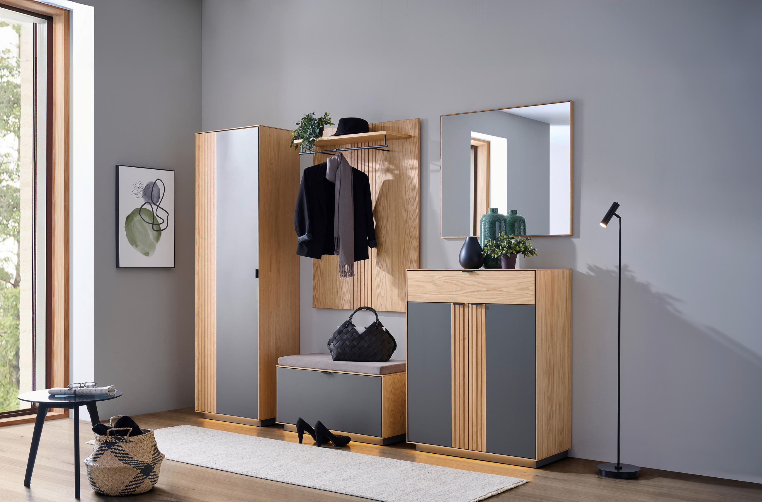 GARDEROBE 6-teilig  in 250/200/42 cm  - Eichefarben/Grau, Natur, Holz/Holzwerkstoff (250/200/42cm) - Linea Natura