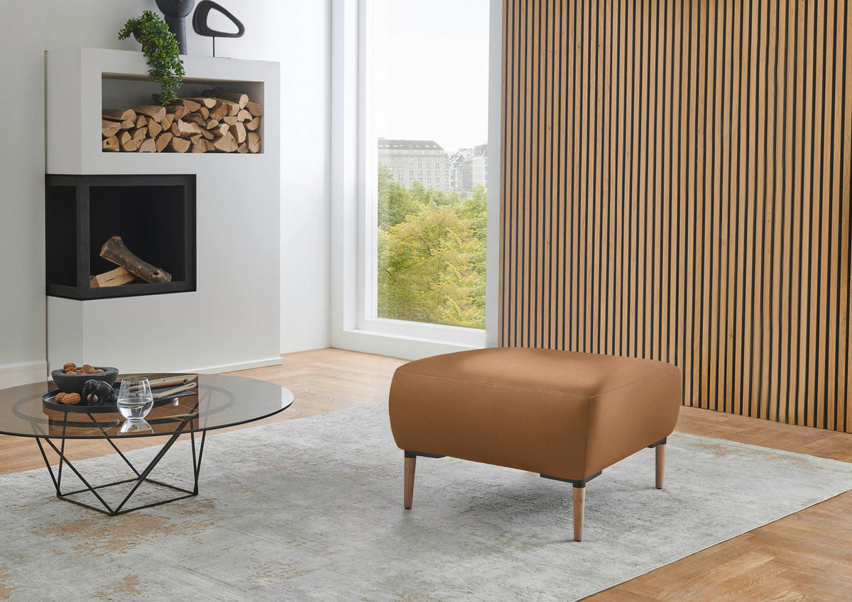 HOCKER in Leder Haselnussfarben  - Beige/Schwarz, Natur, Leder/Holz (65/46/55cm) - Valnatura