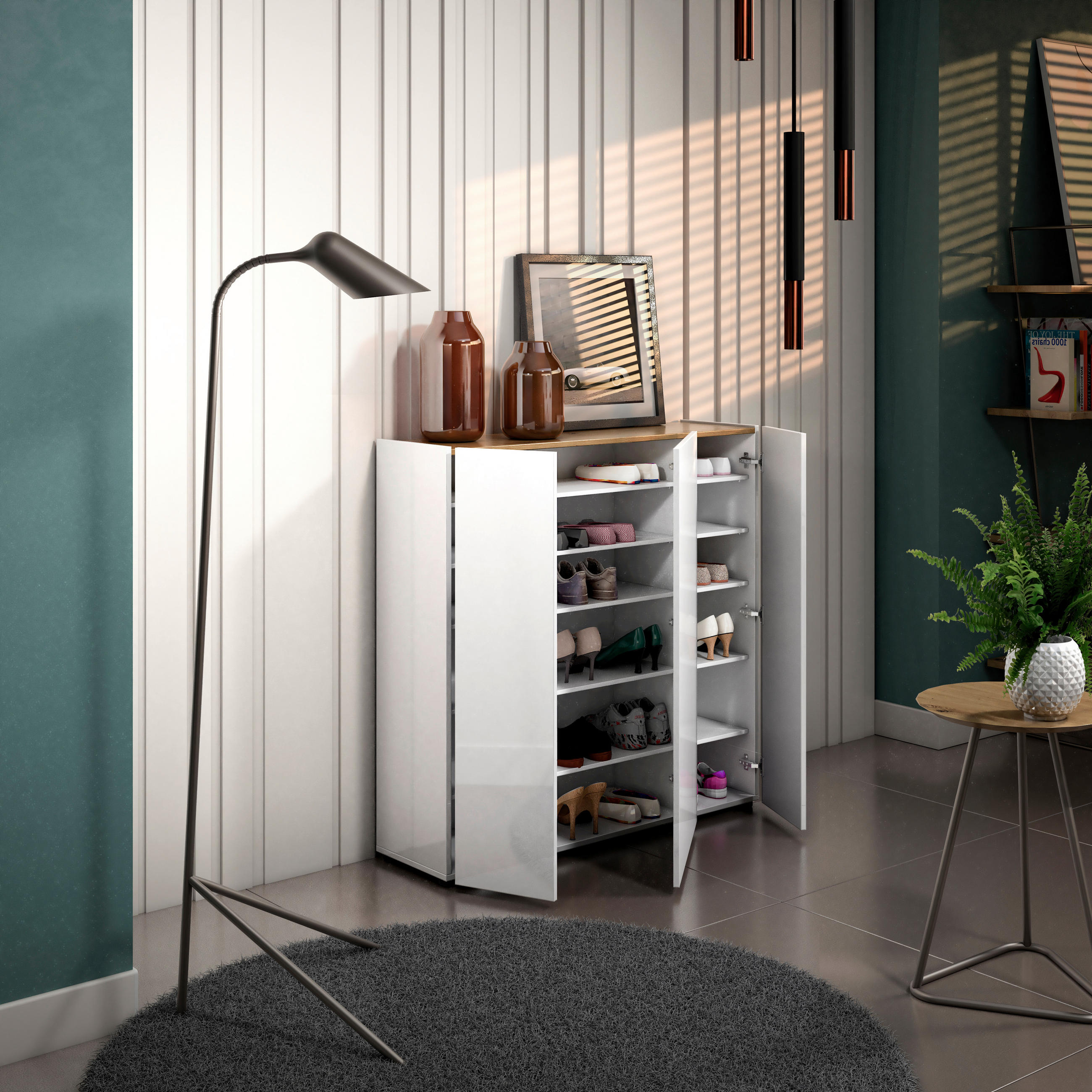 SCHUHSCHRANK Weiß, Eichefarben  - Eichefarben/Schwarz, Design, Holzwerkstoff (116/115/35cm) - Xora