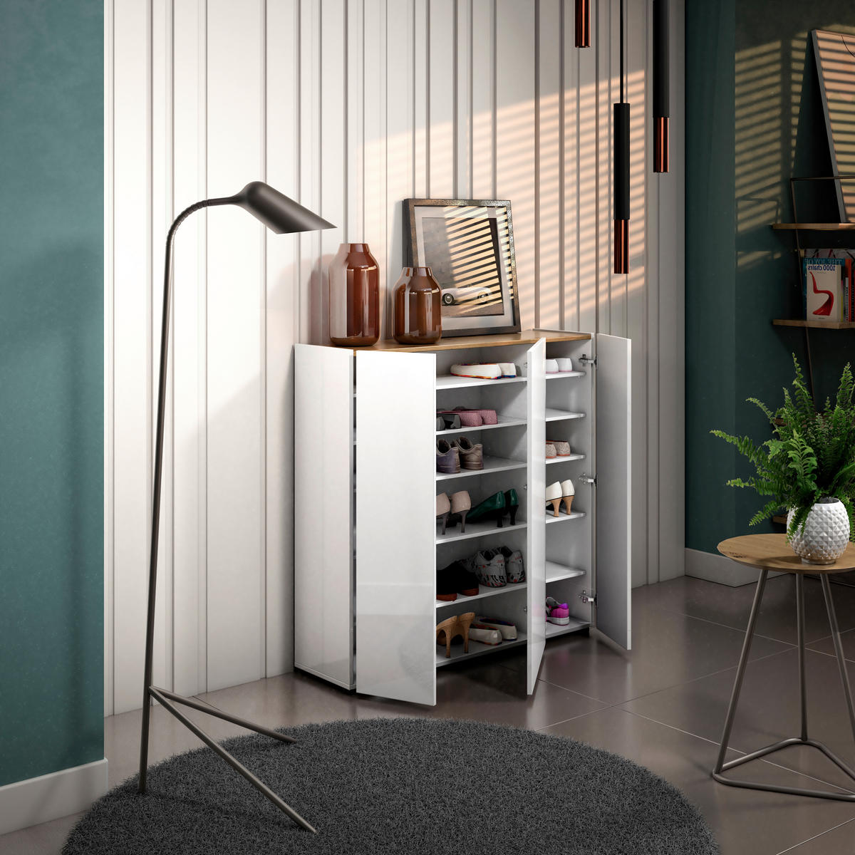 SCHUHSCHRANK Weiß, Eichefarben  - Eichefarben/Schwarz, Design, Holzwerkstoff (116/115/35cm) - Xora