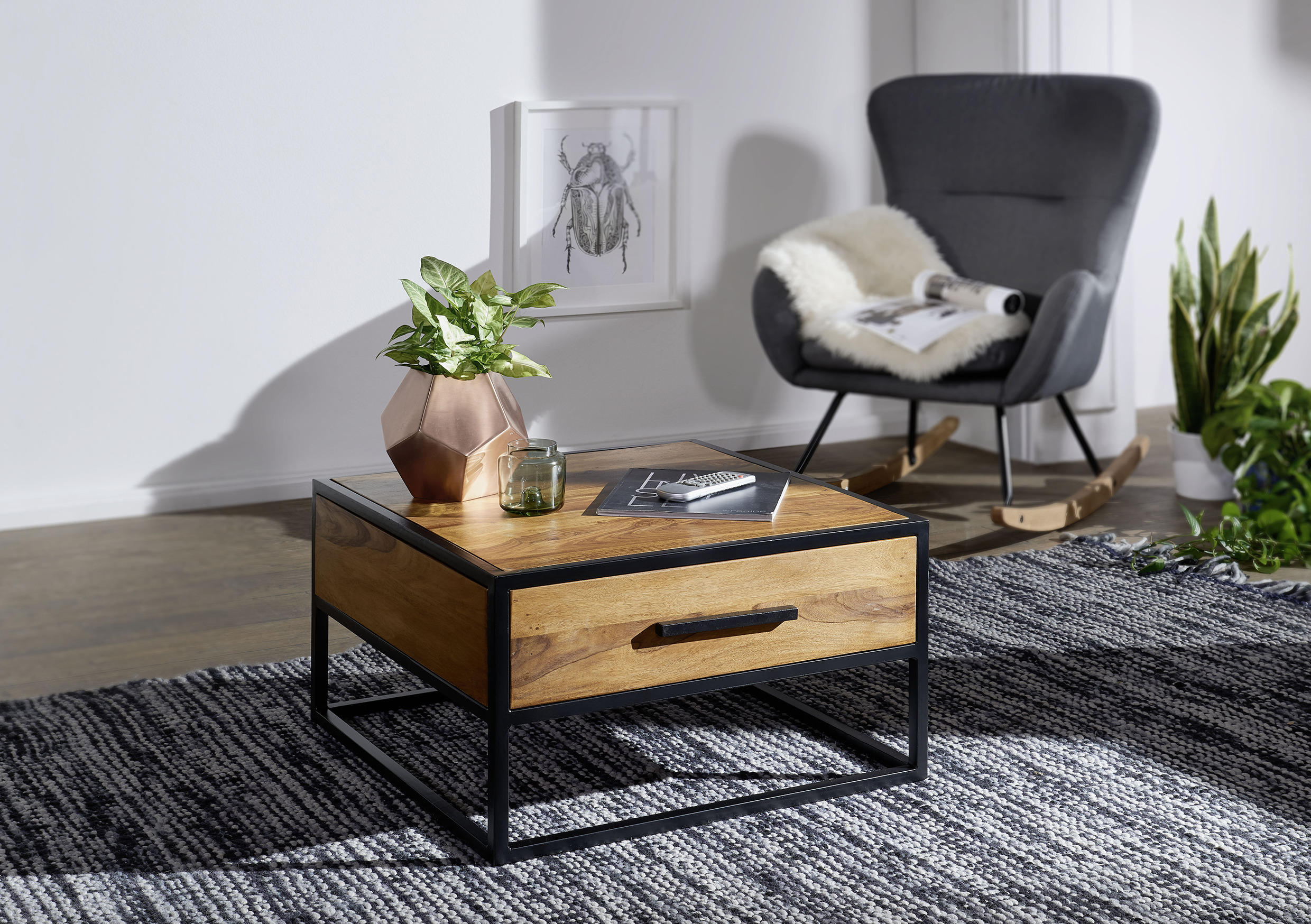 COUCHTISCH Sheesham massiv 65/65/38 cm quadratisch Sheeshamfarben  - Sheeshamfarben/Schwarz, Design, Holz/Metall (65/65/38cm) - MID.YOU