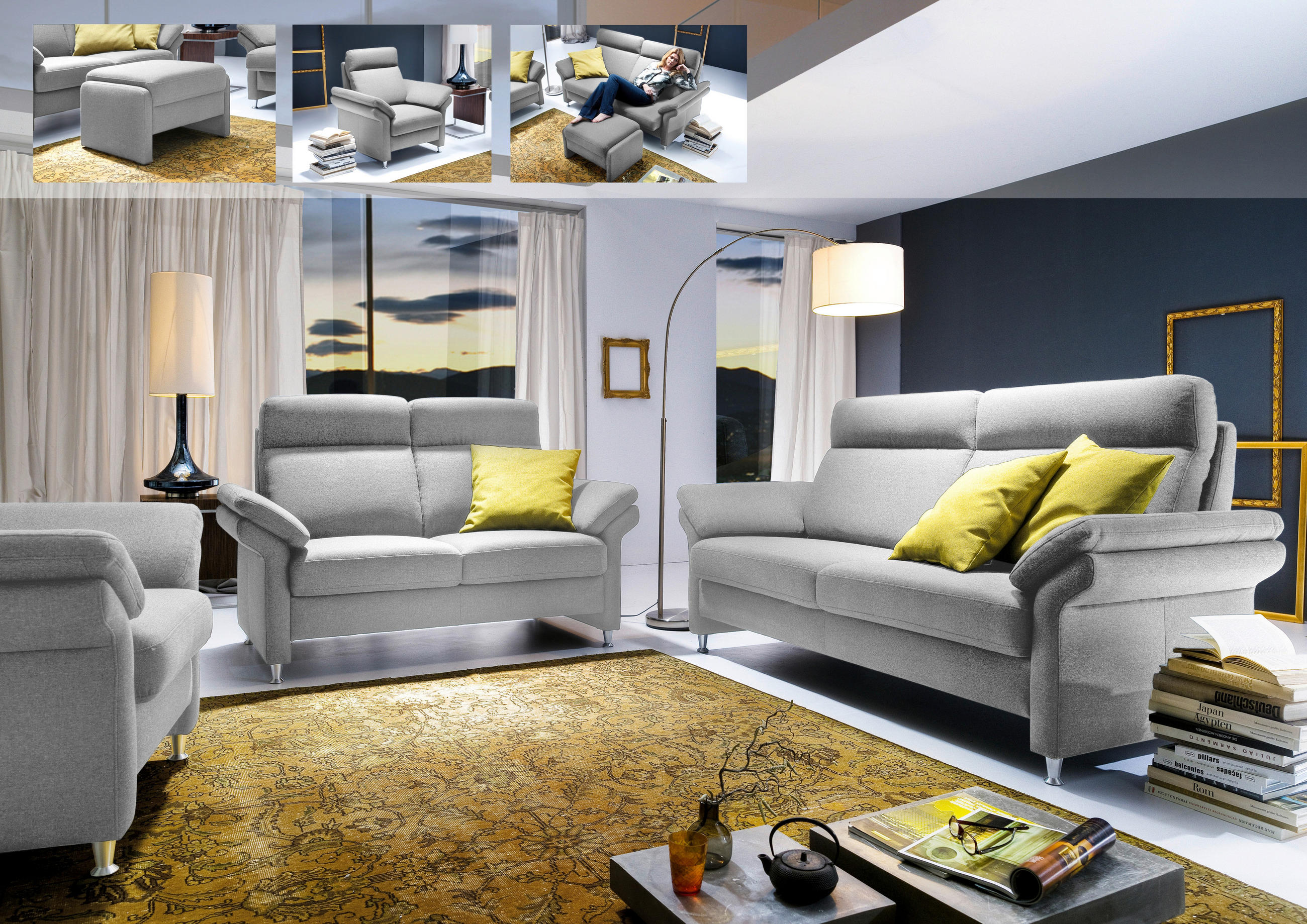 3-SITZER-SOFA in Flachgewebe Hellgrau  - Hellgrau/Alufarben, Modern, Textil/Metall (196/103/89cm) - Pure Home Comfort