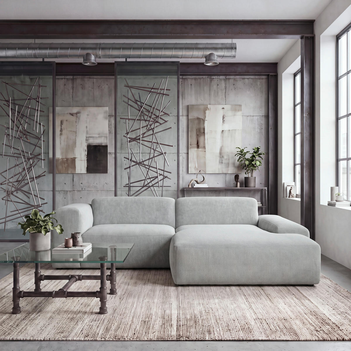 ECKSOFA HANNAH Hellgrau Cord  - Hellgrau/Schwarz, Design, Kunststoff/Textil (252/170cm) - MID.YOU