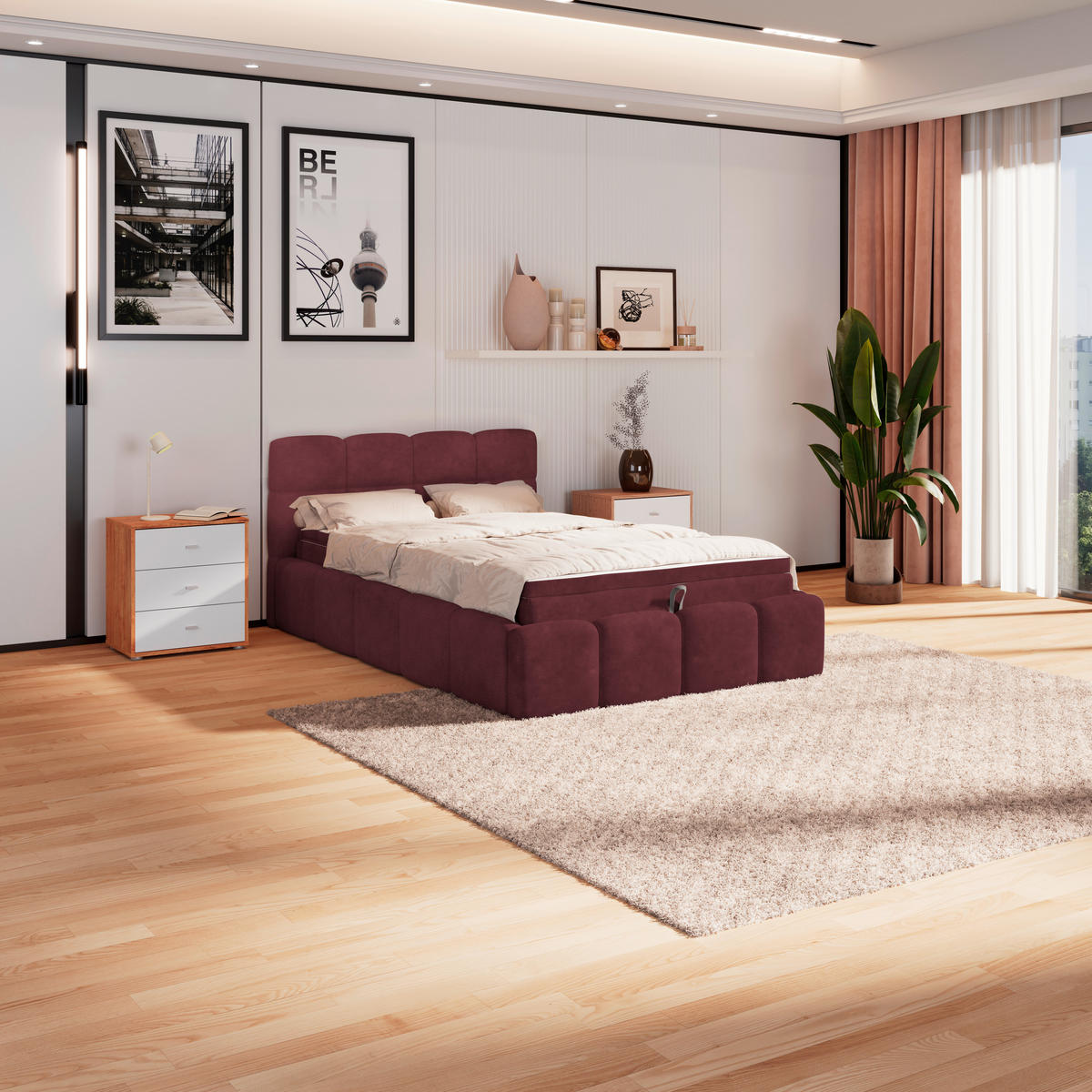 POLSTERBETT 140/200 cm,  in Bordeaux, Matratze, Bettkasten, H3 = fest  - Bordeaux/Schwarz, Trend, Kunststoff/Textil (140/200cm)
