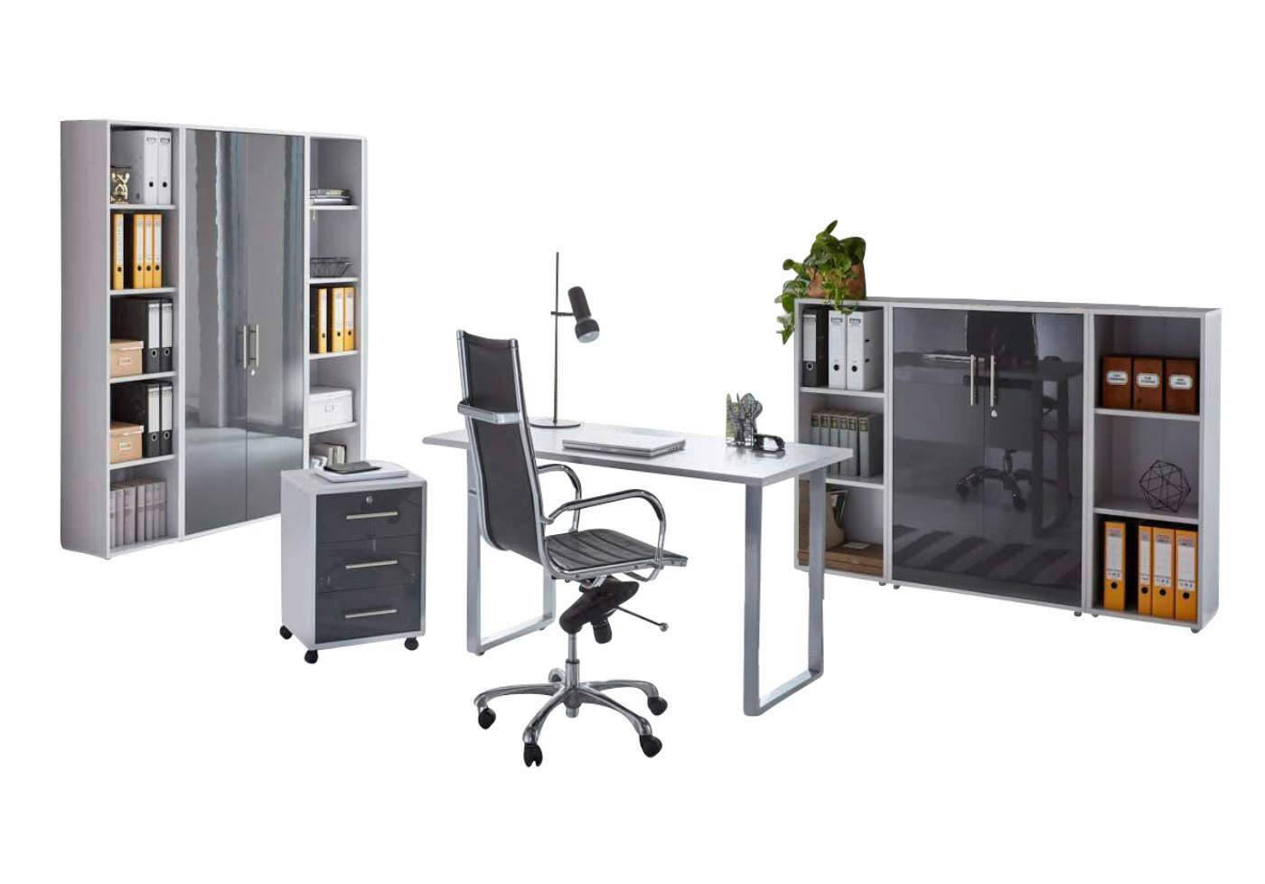 BÜRO erweiterbar, abschließbar Grau, Anthrazit Hochglanz - Anthrazit Hochglanz/Grau, MODERN, Holzwerkstoff/Metall - MID.YOU
