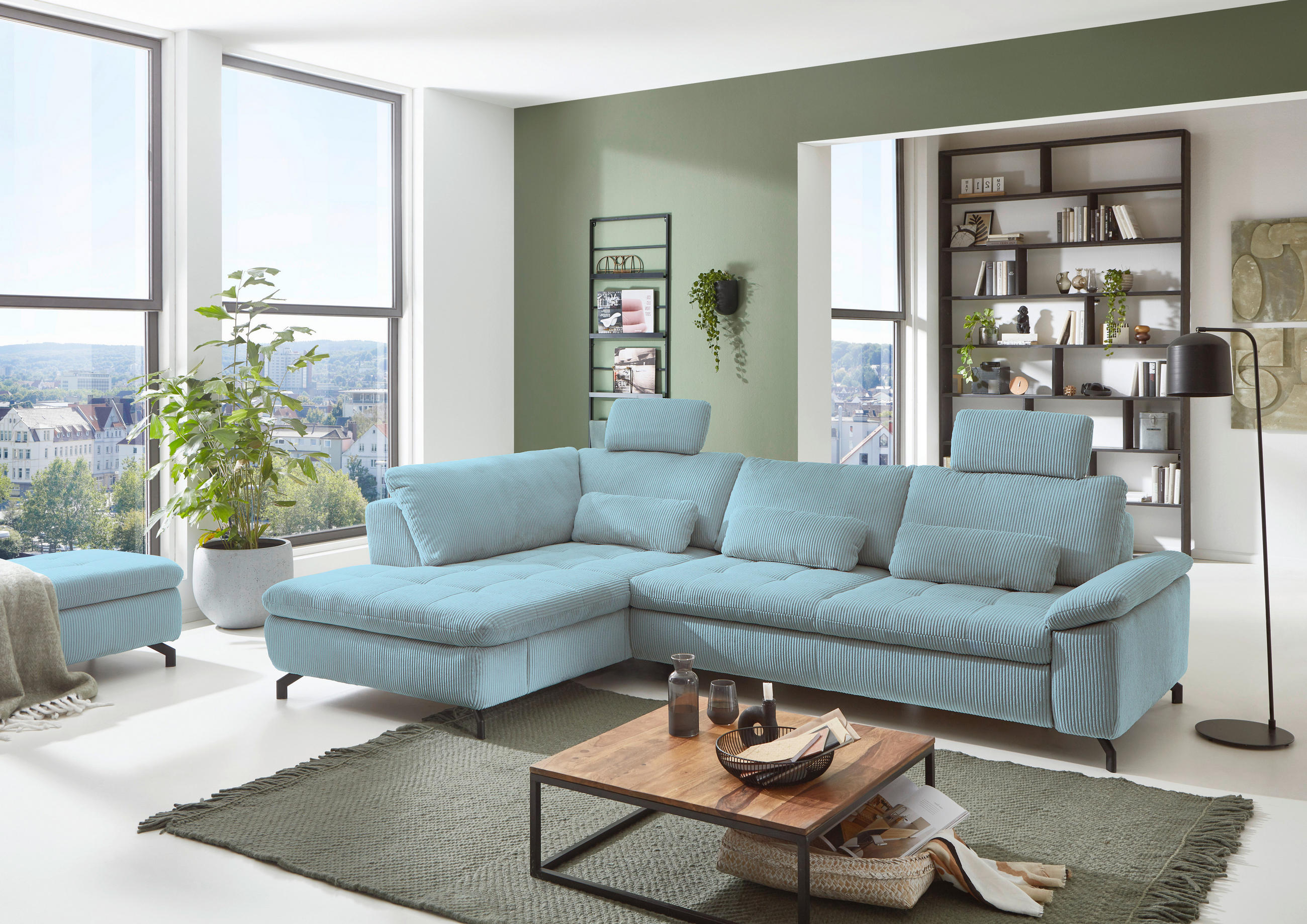 ECKSOFA in Cord, Velours Hellblau  - Schwarz/Hellblau, Design, Textil/Metall (197/291cm) - Beldomo Style