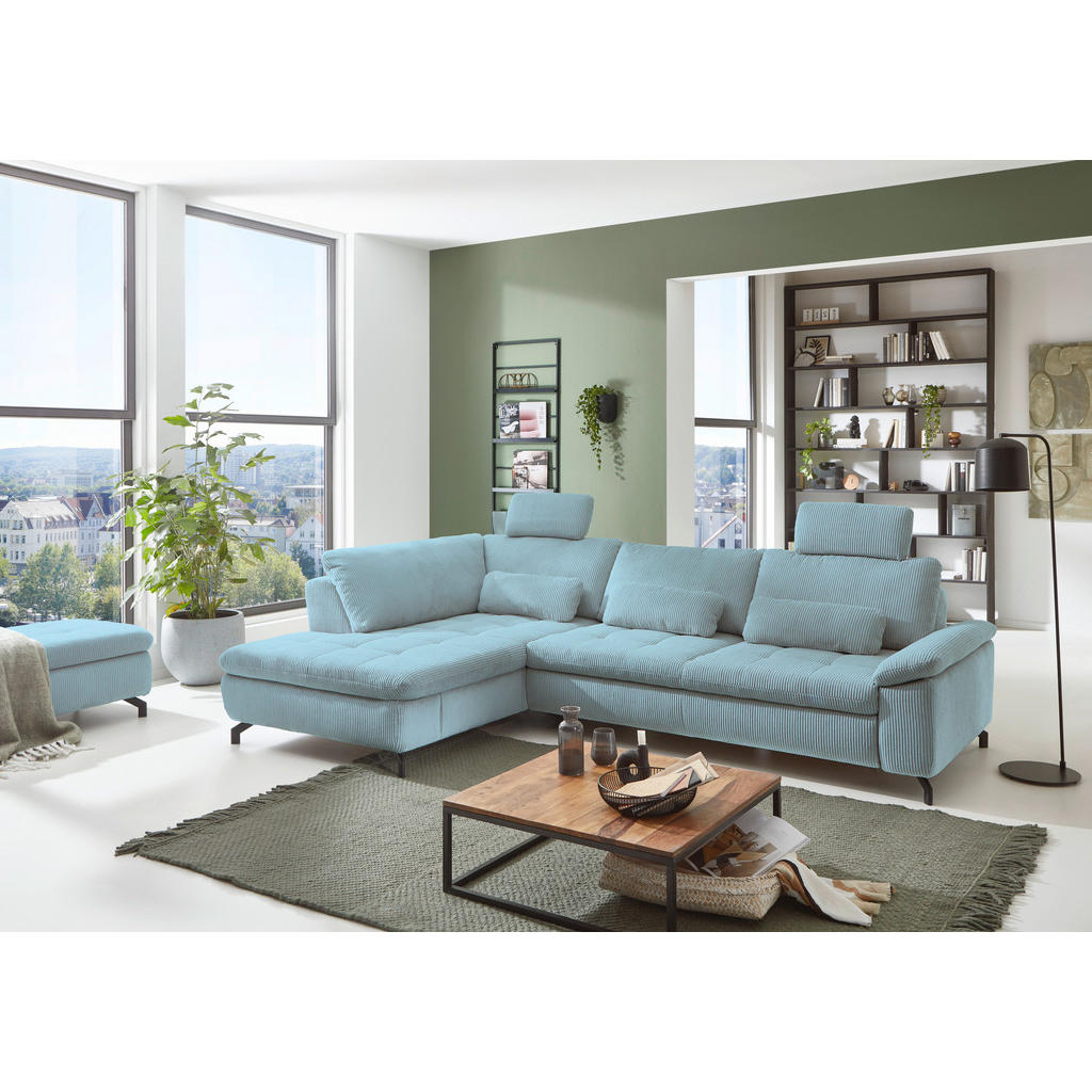 Thumbnail - Beldomo Style Ecksofa Sense, Hellblau, Textil, 3-Sitzer, Ottomane links, Eckteil, L-Form, 291x197 cm, Goldenes M, Typena...