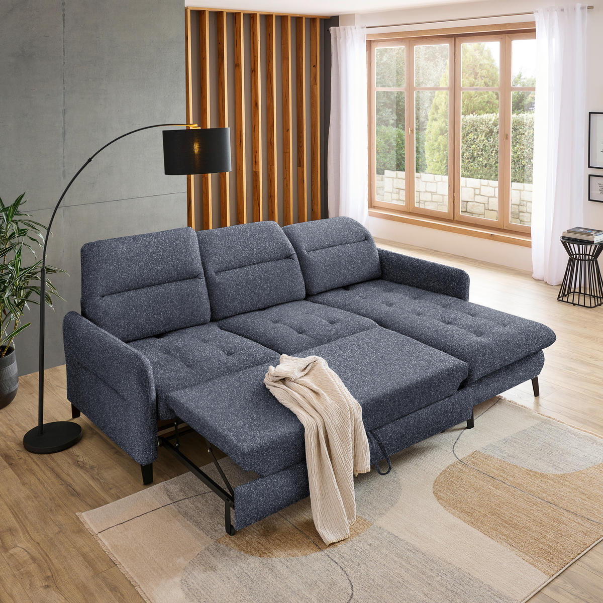 ECKSOFA Dunkelblau Plüsch  - Schwarz/Dunkelblau, KONVENTIONELL, Textil/Metall (254/190cm) - Livetastic