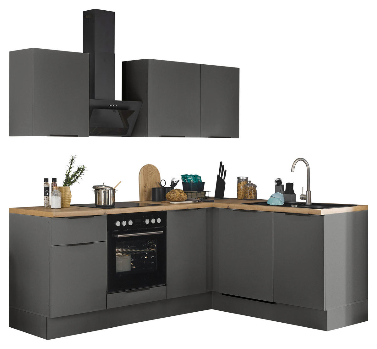 ECKKÜCHE 220/175 cm  in Graphitfarben  - Schwarz/Graphitfarben, Basics, Holzwerkstoff/Metall (220/175cm) - Carryhome