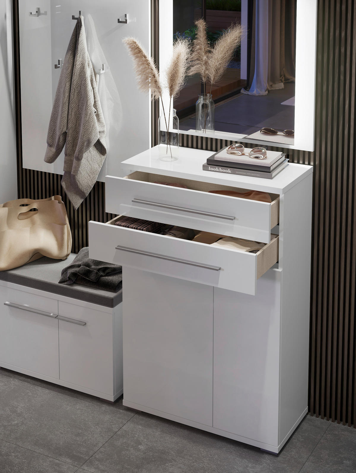 OMARA ZA ČEVLJE bela, bela, visoki sijaj - bela/visoki sijaj, Moderno, umetna masa/leseni material (76/117/35cm) - Voleo